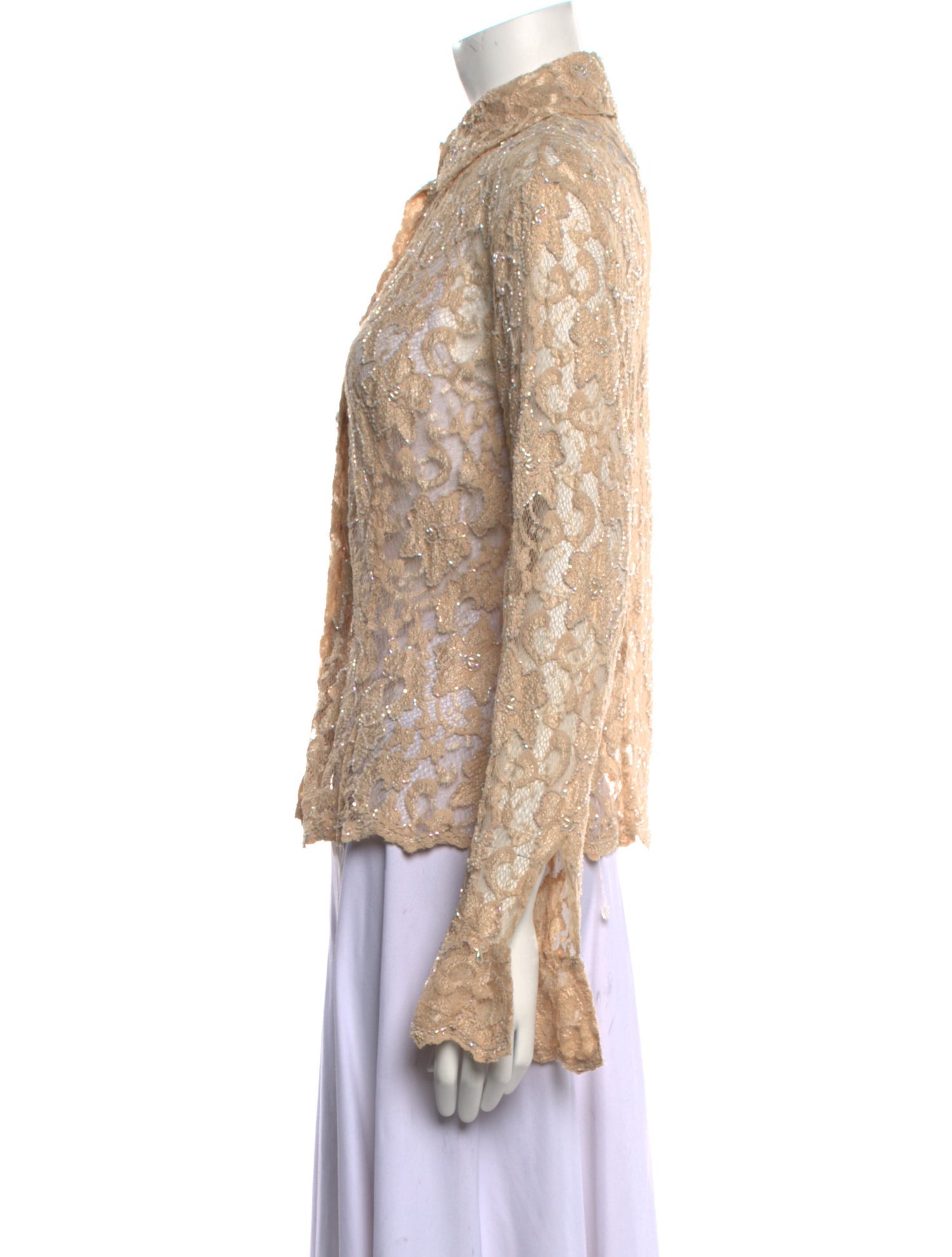 Basix Nylon Lace Pattern Button-Up Top