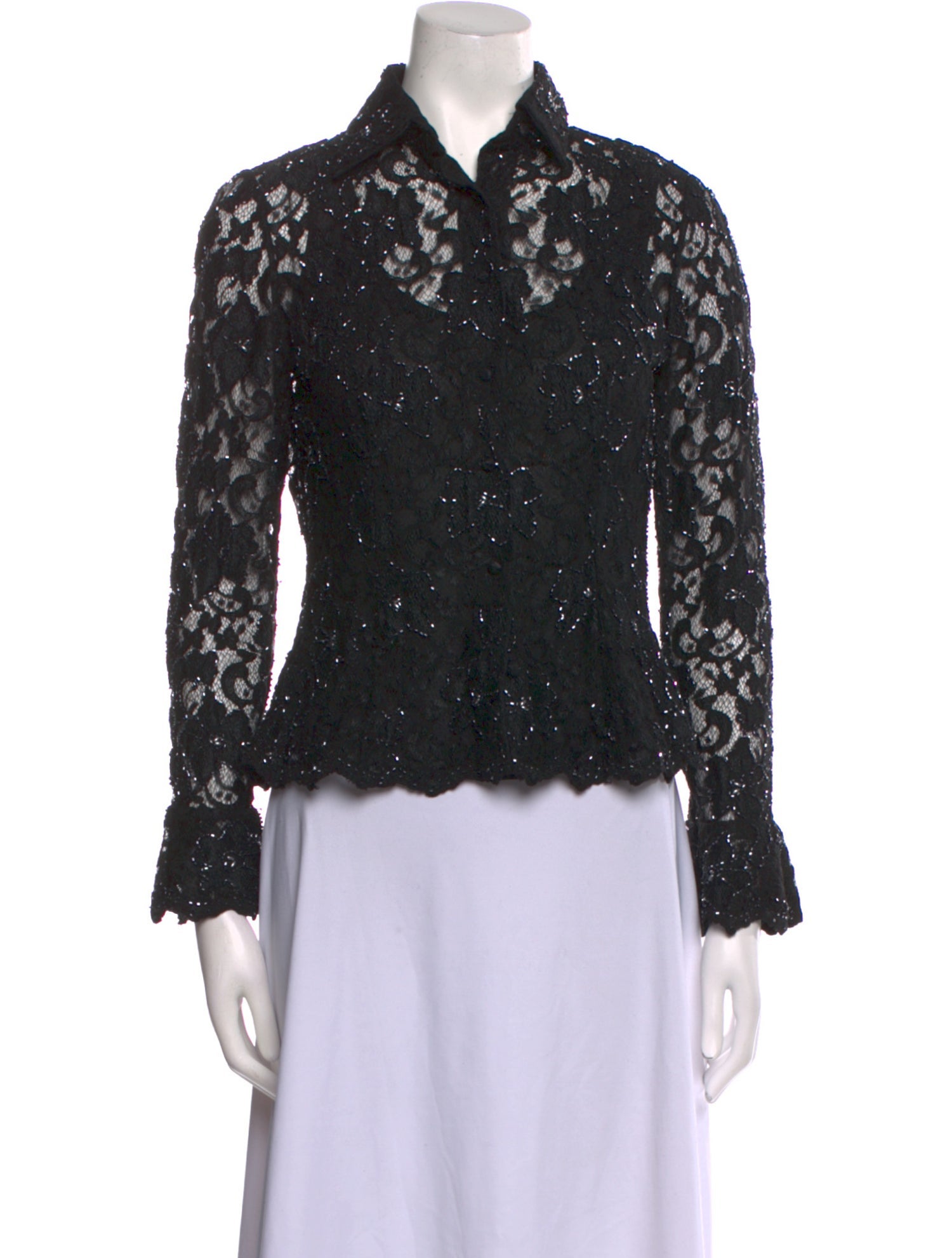 Basix Lace Pattern Long Sleeve Button-Up Top