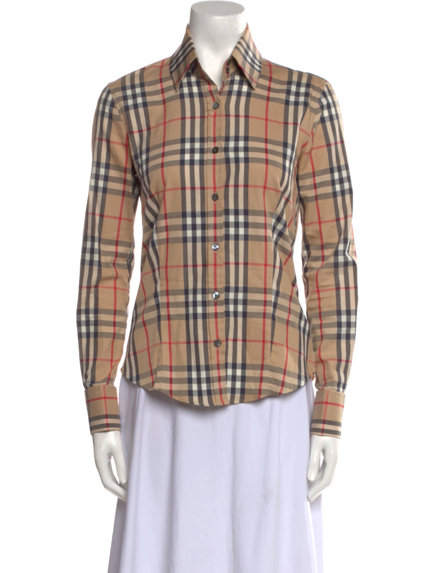 Burberry London Plaid Print Long Sleeve Button-Up Top