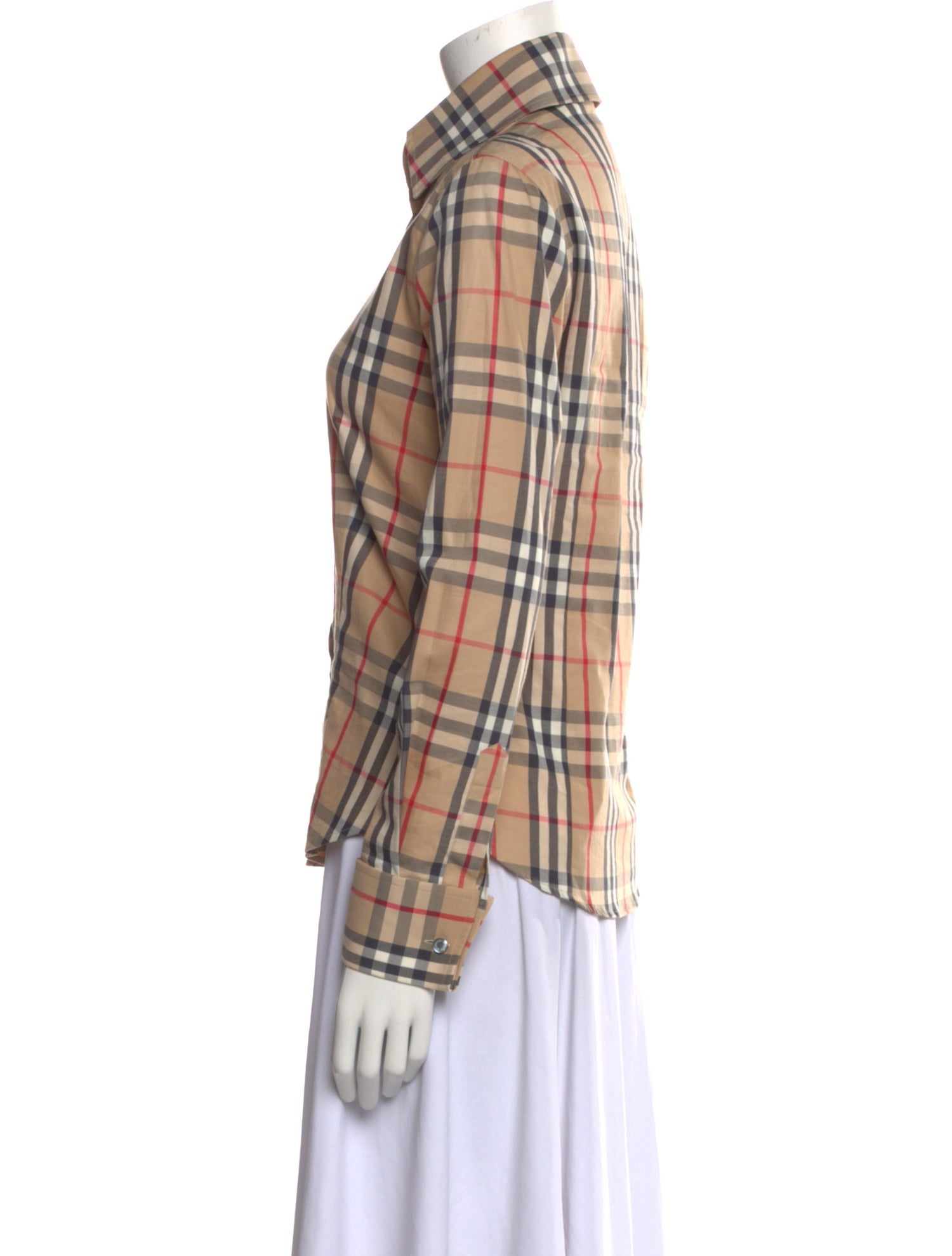 Burberry London Plaid Print Long Sleeve Button-Up Top