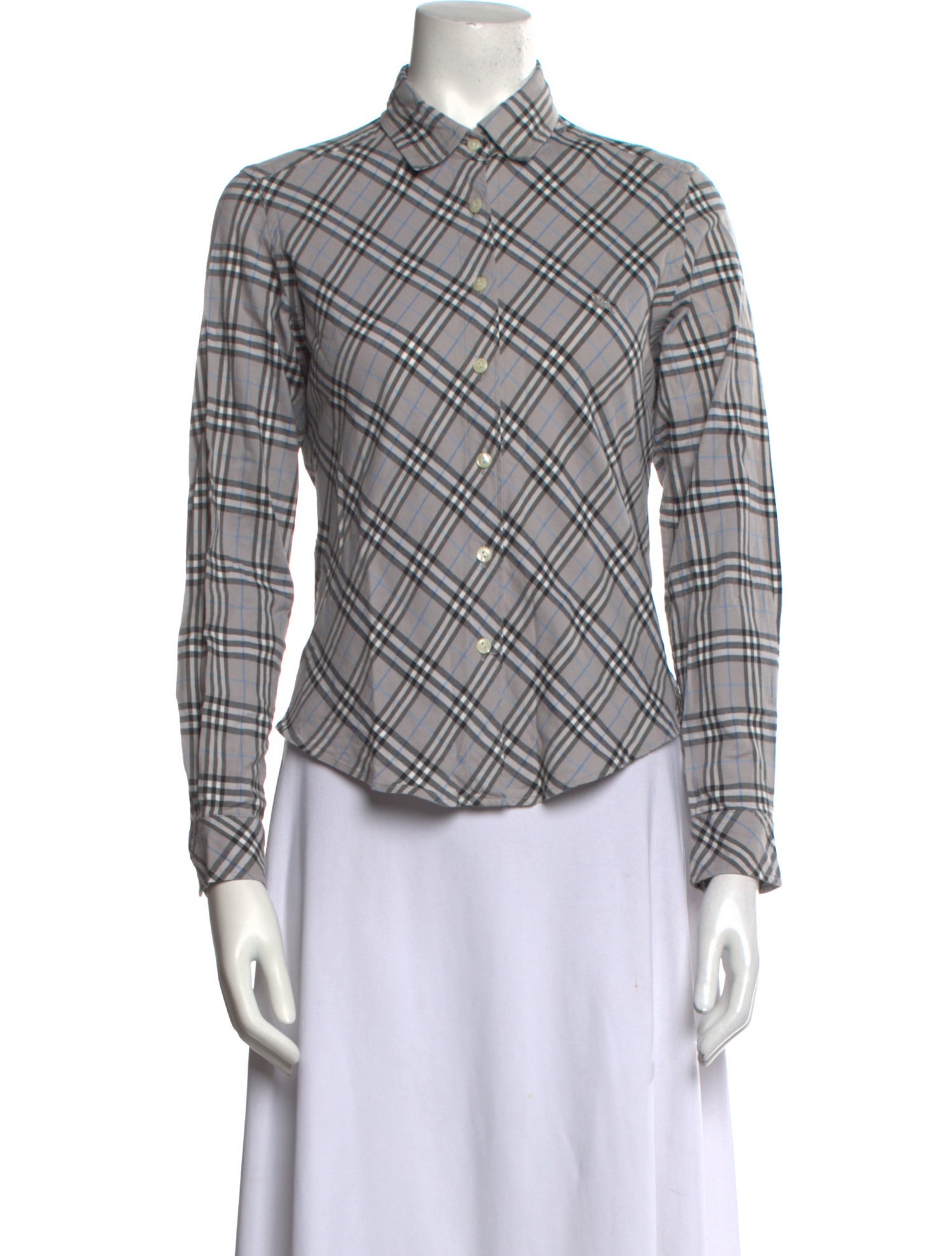 Burberry London Plaid Print Long Sleeve Button-Up Top