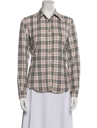 Burberry London Plaid Print Long Sleeve Button-Up Top