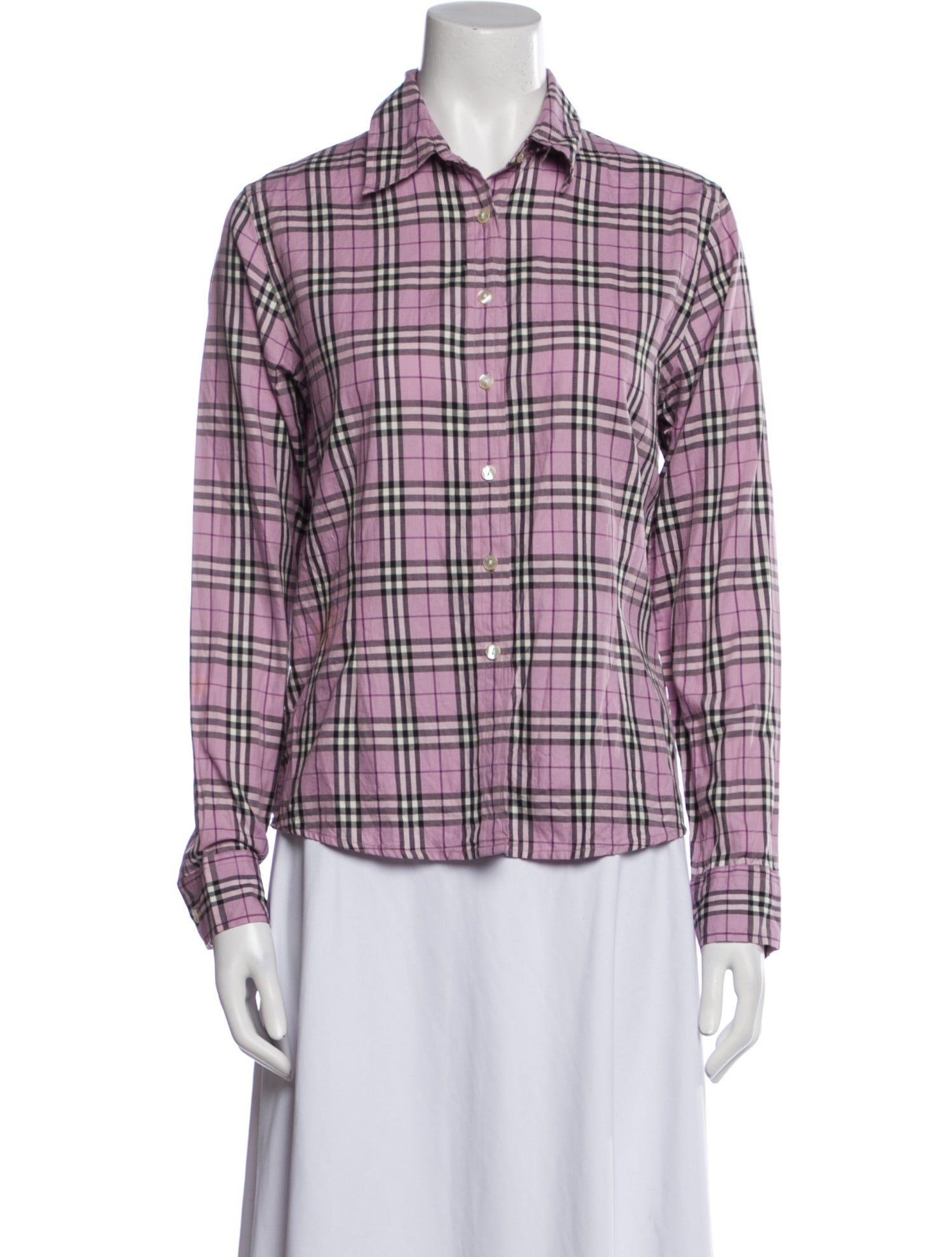 Burberry London Plaid Print Long Sleeve Button-Up Top