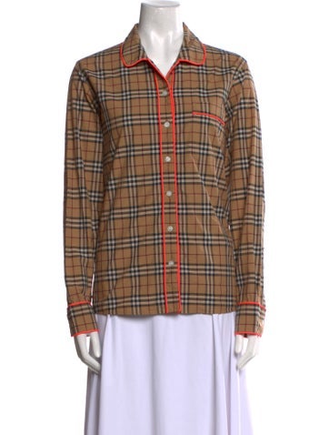Burberry London Tops Plaid Print Long Sleeve Button-Up Top L