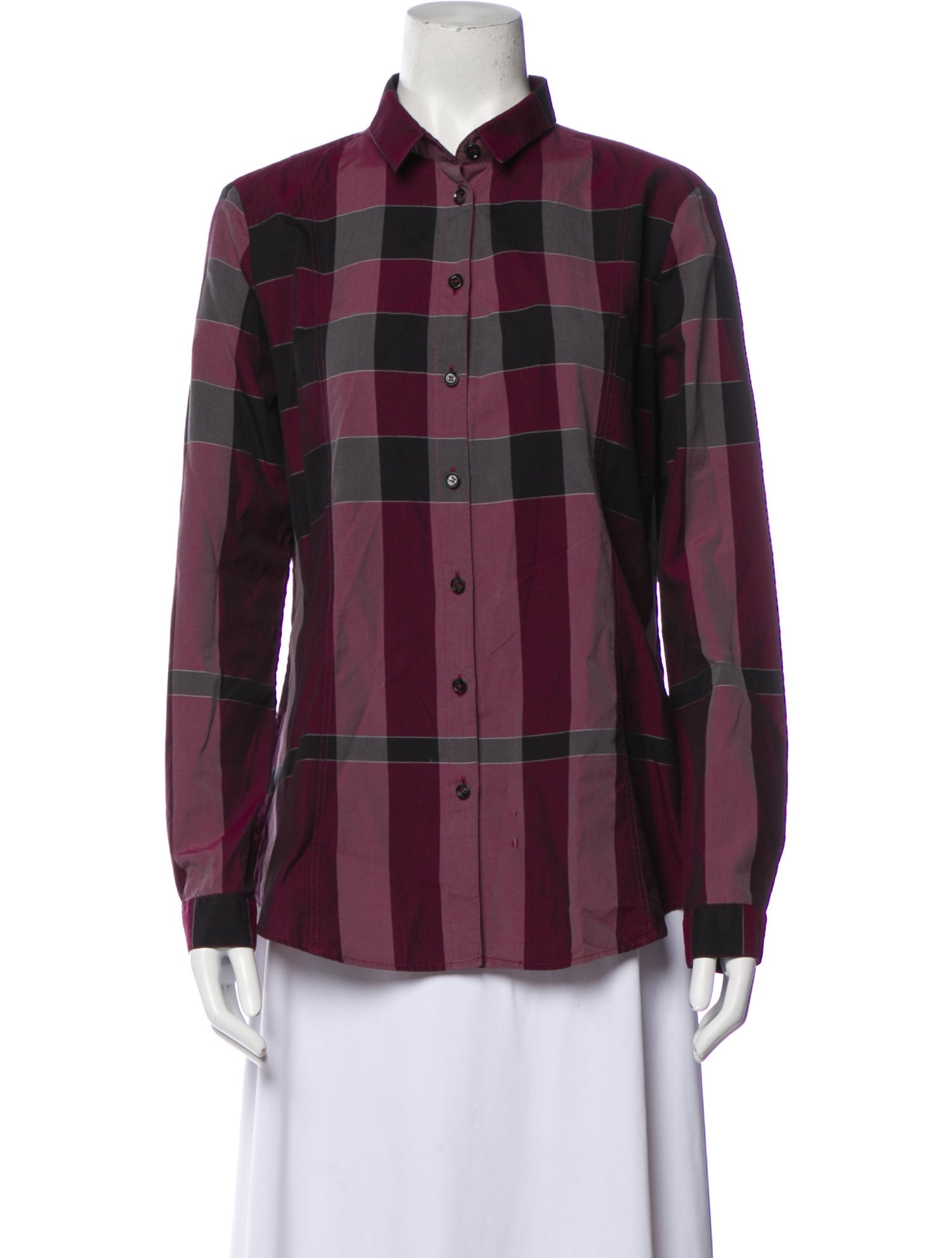 Burberry London Plaid Print Long Sleeve Button-Up Top