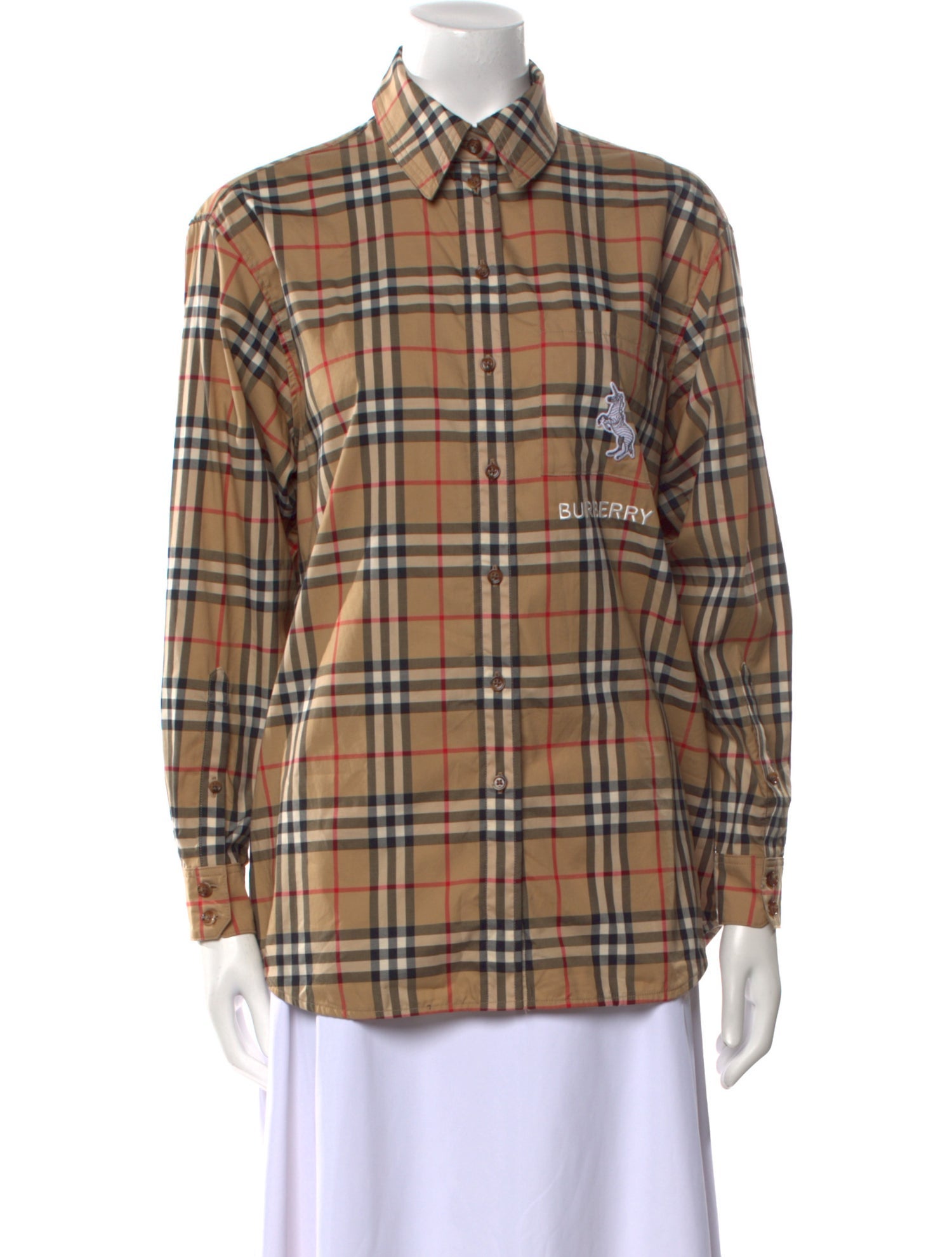 Burberry London Plaid Print Long Sleeve Button-Up Top