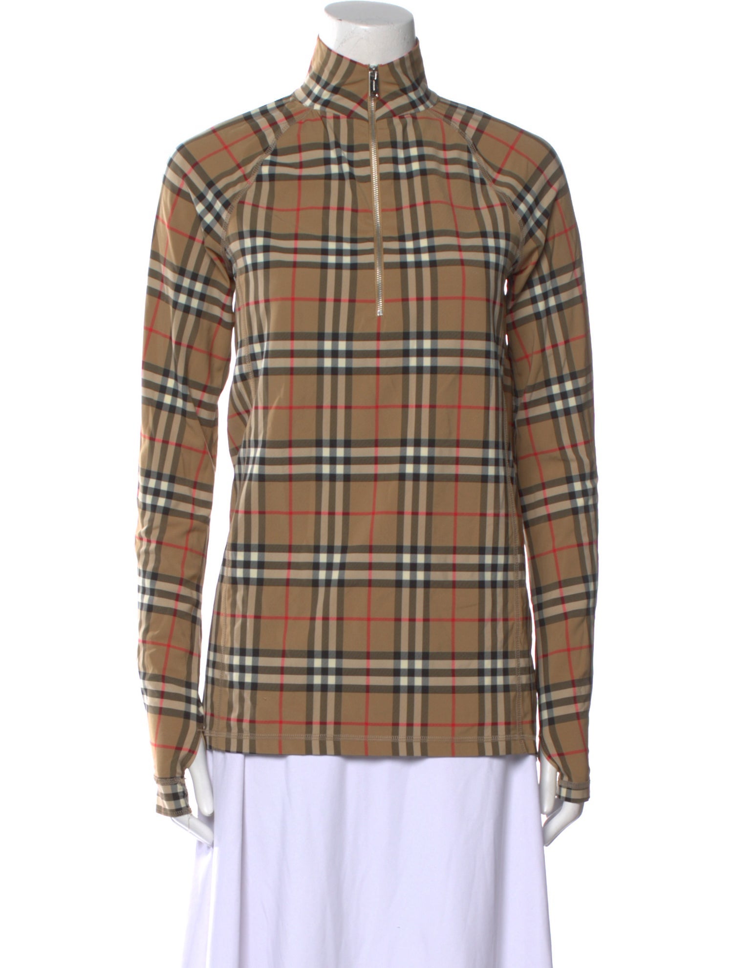 Burberry London Nylon Plaid Print Button-Up Top