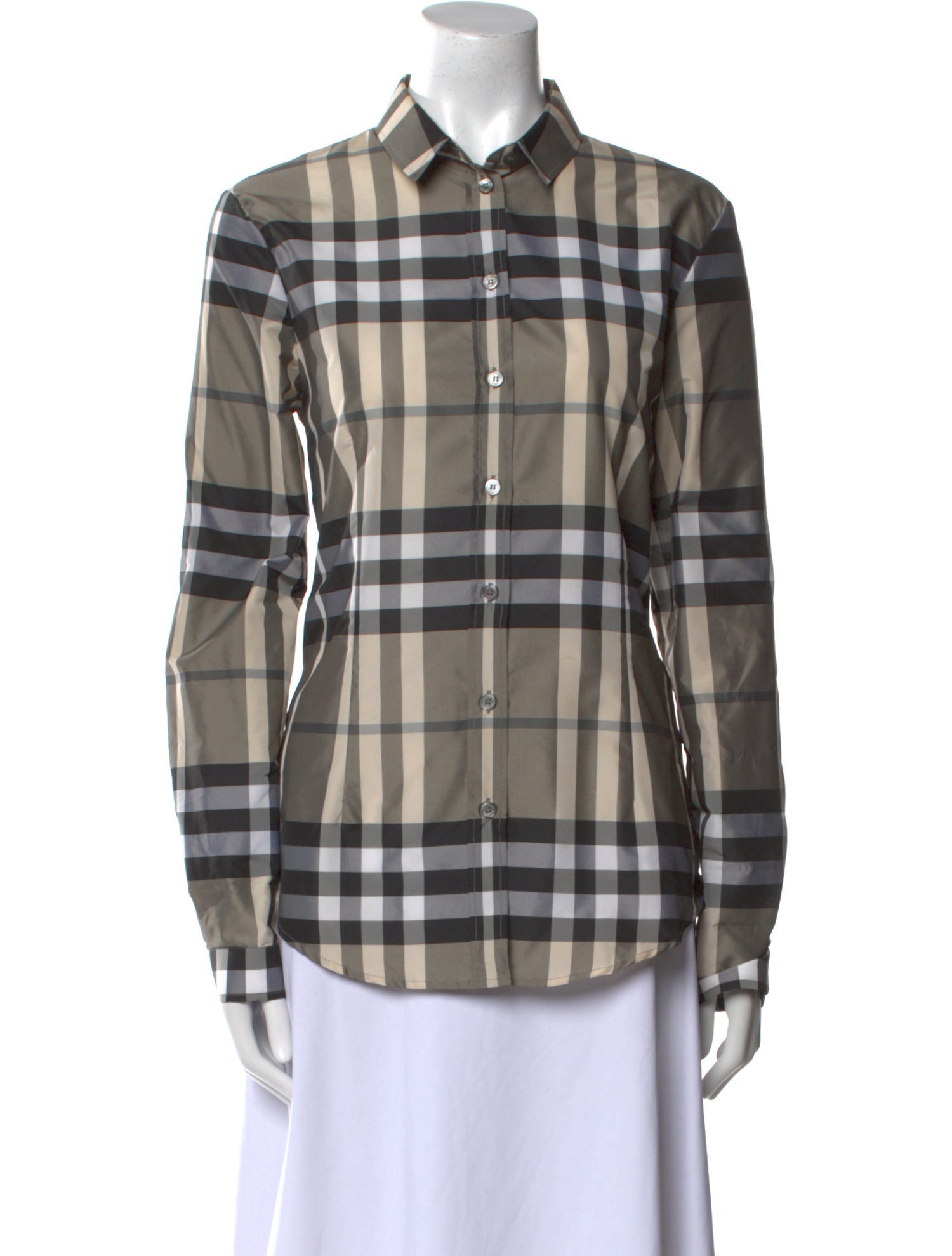 Burberry London Plaid Print Long Sleeve Button-Up Top