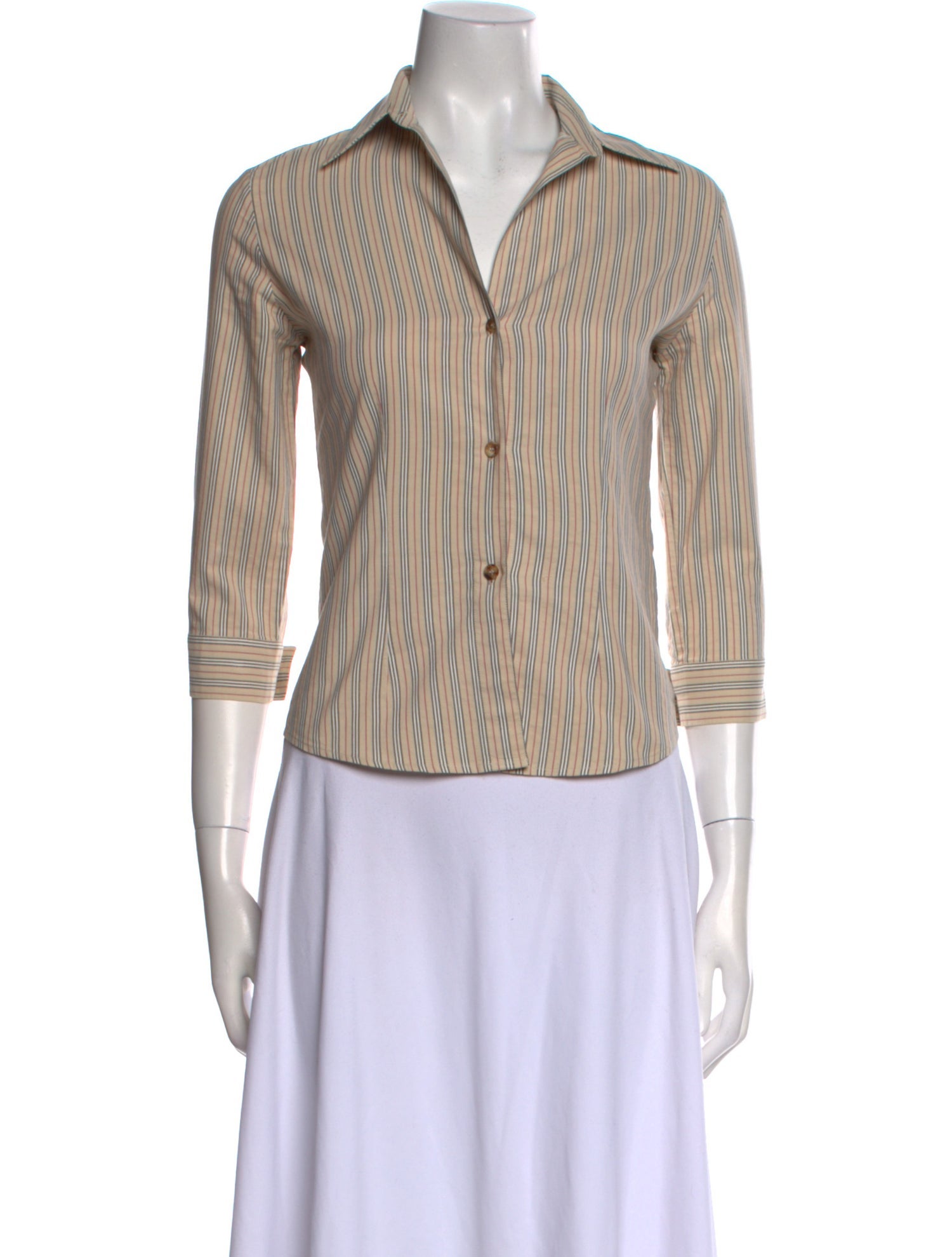 Burberry London Striped Three-Quarter Sleeve Button-Up Top