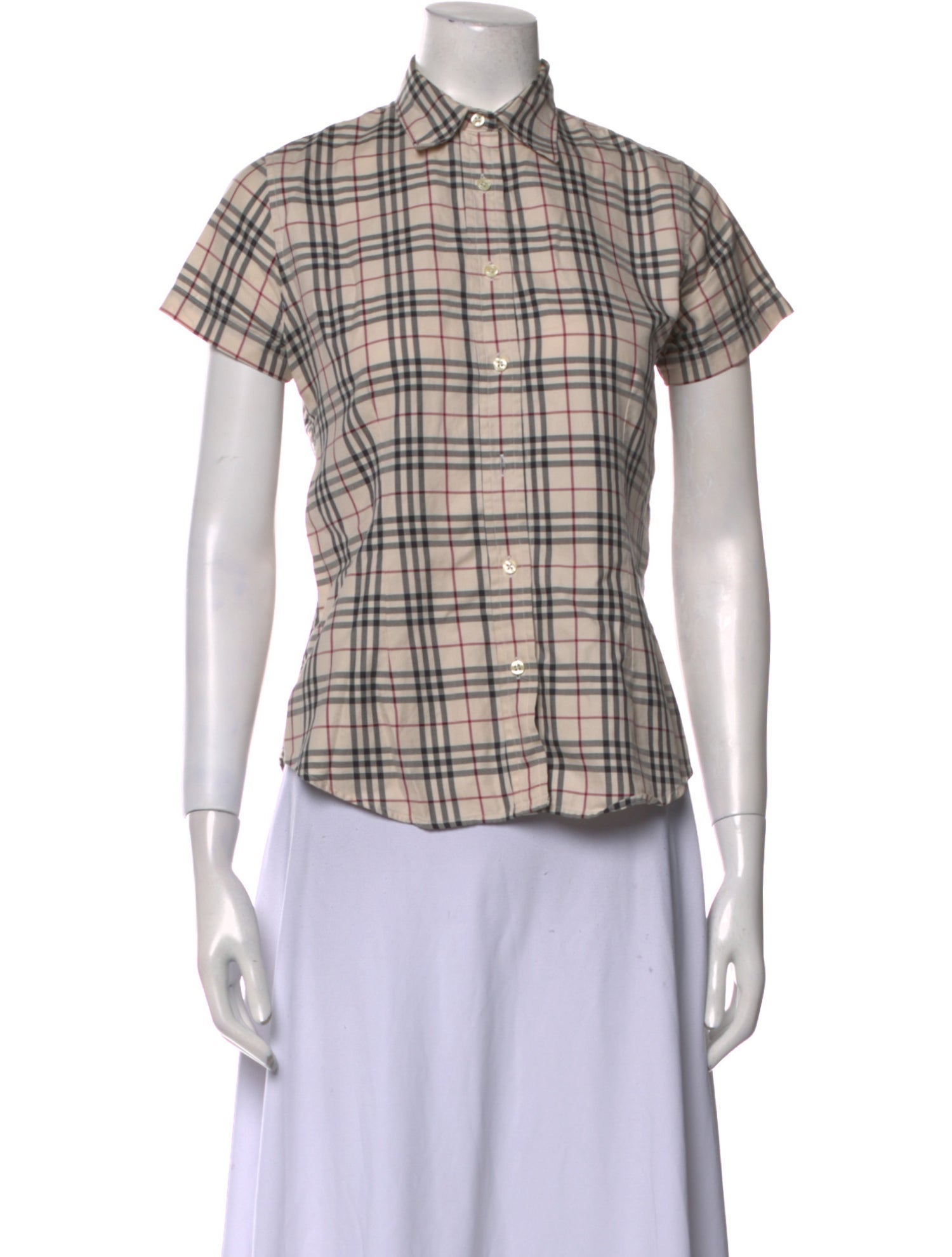 Burberry London Plaid Print Short Sleeve Button-Up Top