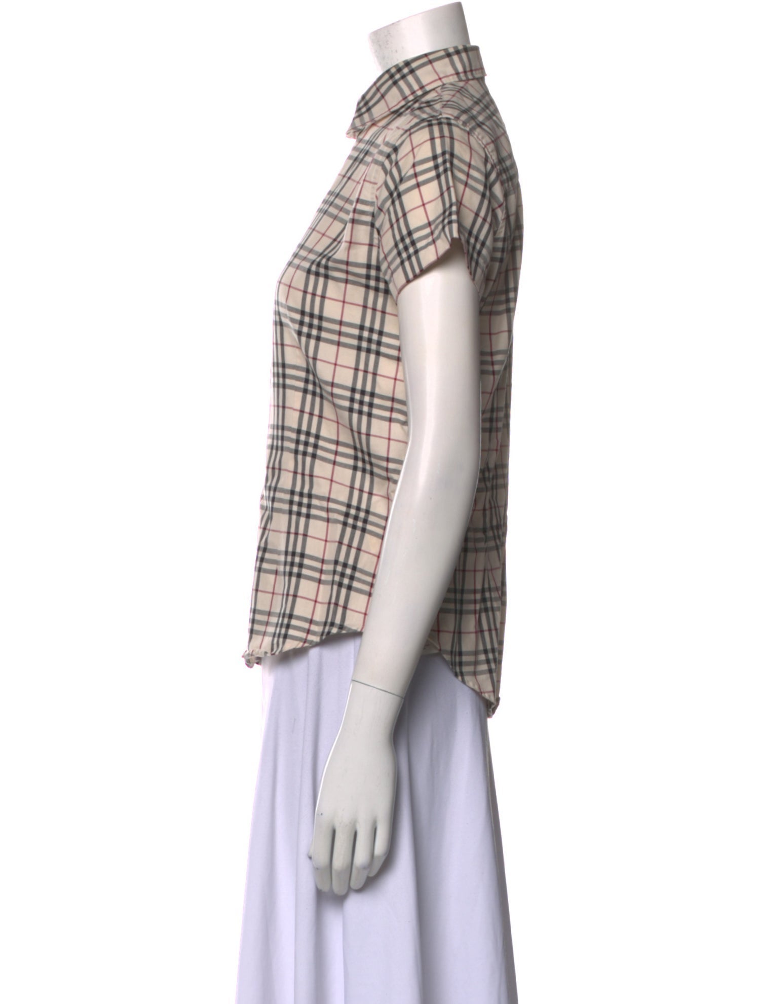 Burberry London Plaid Print Short Sleeve Button-Up Top