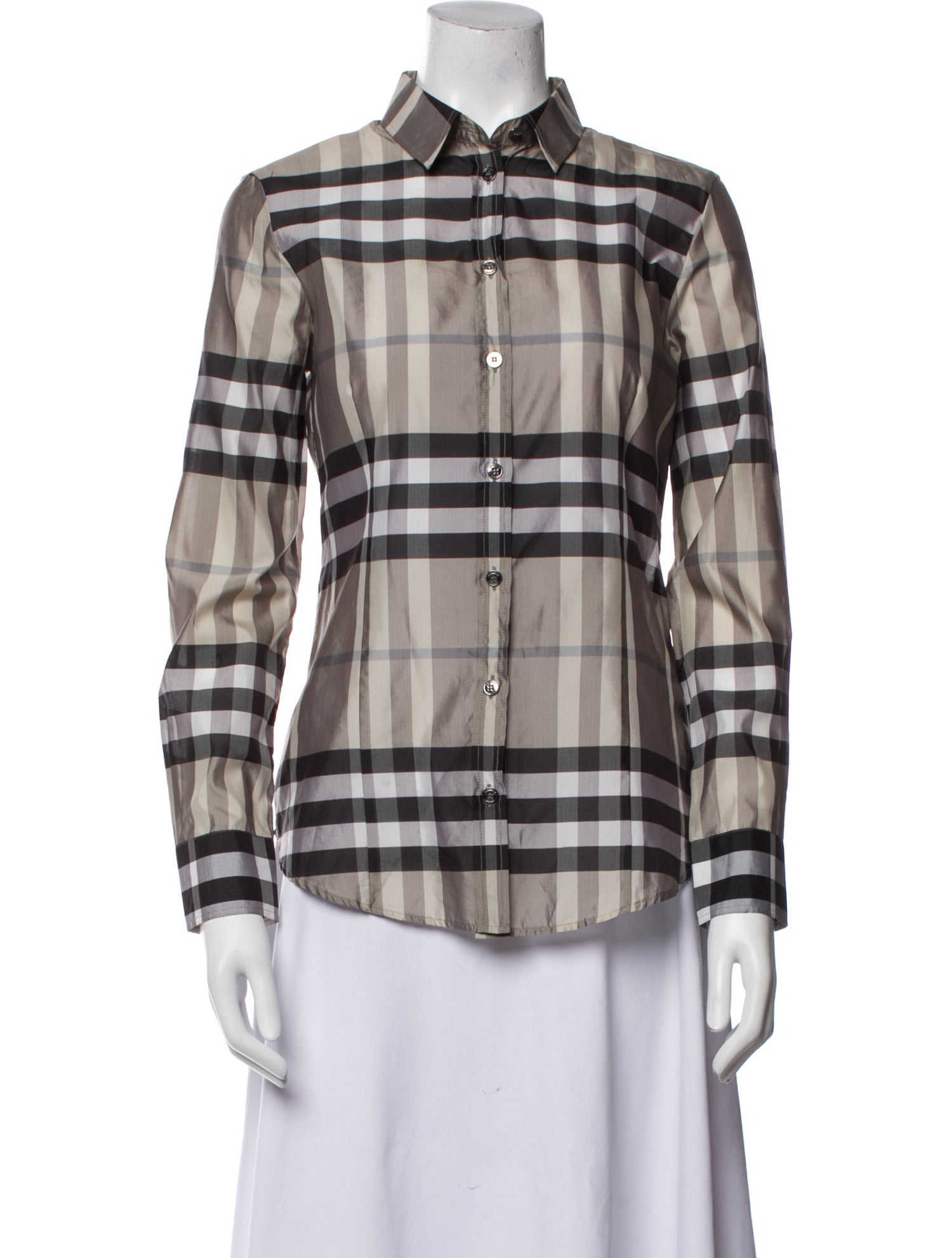 Burberry London Plaid Print Long Sleeve Button-Up Top