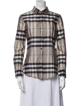 Burberry London Plaid Print Long Sleeve Button-Up Top