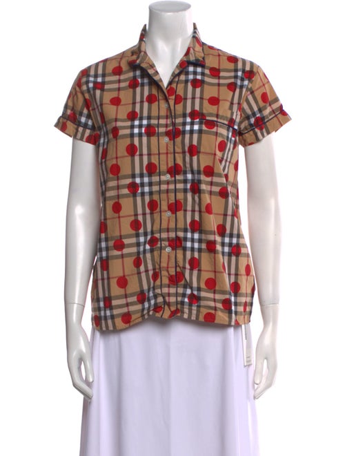 Burberry London Plaid Print Short Sleeve Button-Up Top