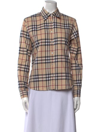 Burberry London Plaid Print Long Sleeve Button-Up Top
