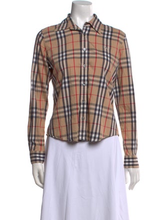 Burberry London Plaid Print Long Sleeve Button-Up Top