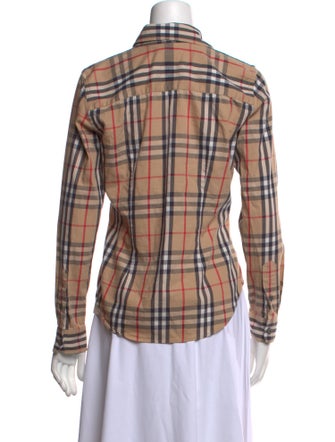 Burberry London Plaid Print Long Sleeve Button-Up Top