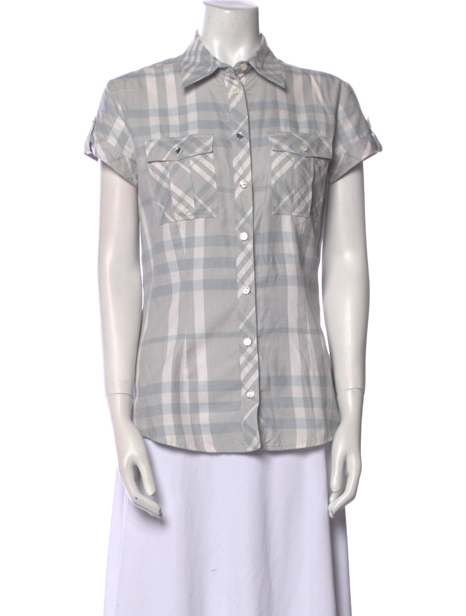 Burberry London Plaid Print Short Sleeve Button-Up Top