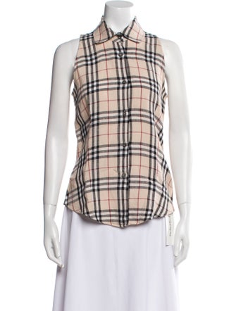 Burberry London Linen Plaid Print Button-Up Top