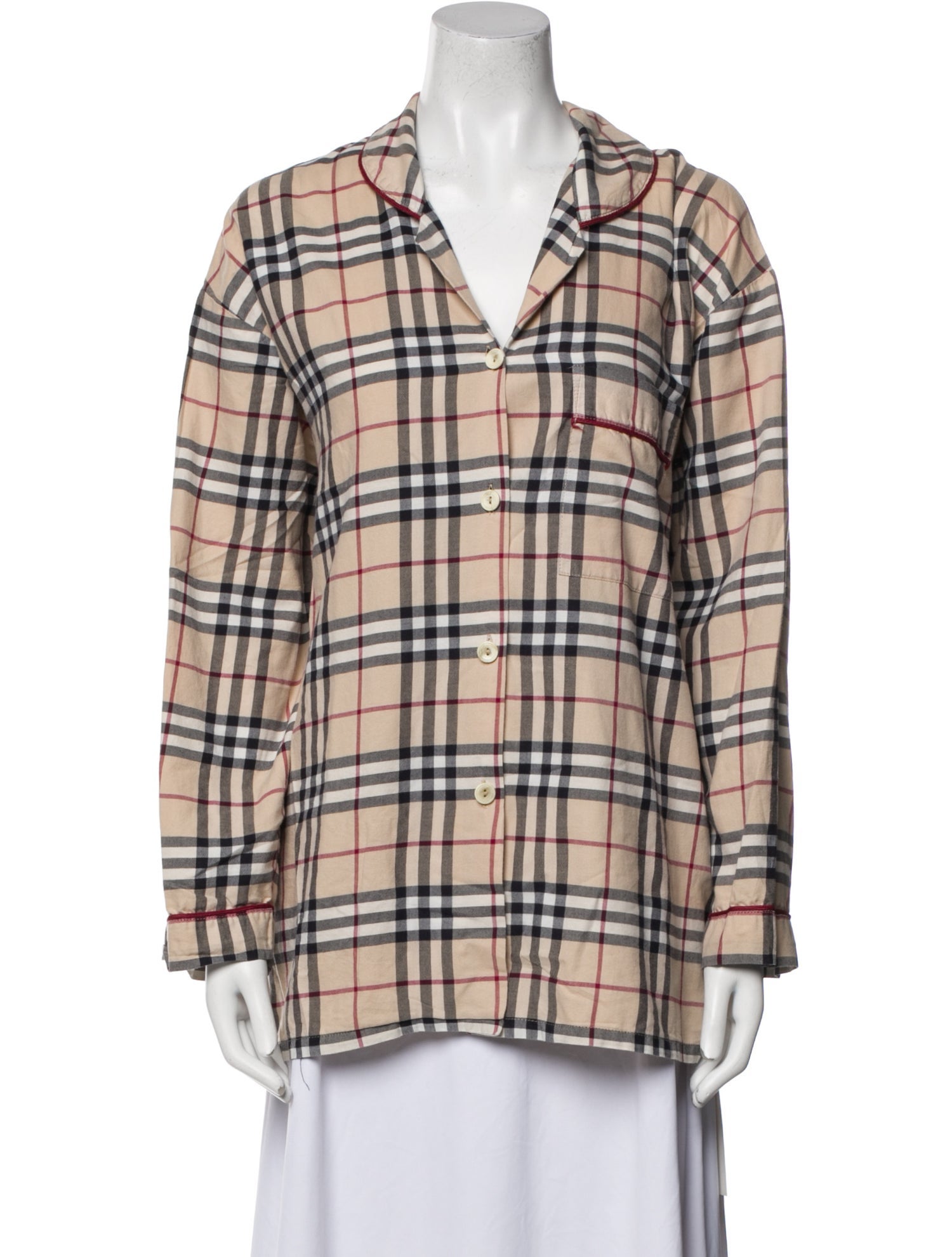 Burberry London Plaid Print Long Sleeve Button-Up Top