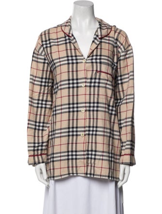 Burberry London Plaid Print Long Sleeve Button-Up Top