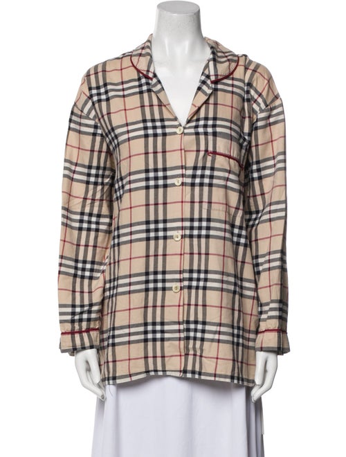 Burberry London Plaid Print Long Sleeve Button-Up Top
