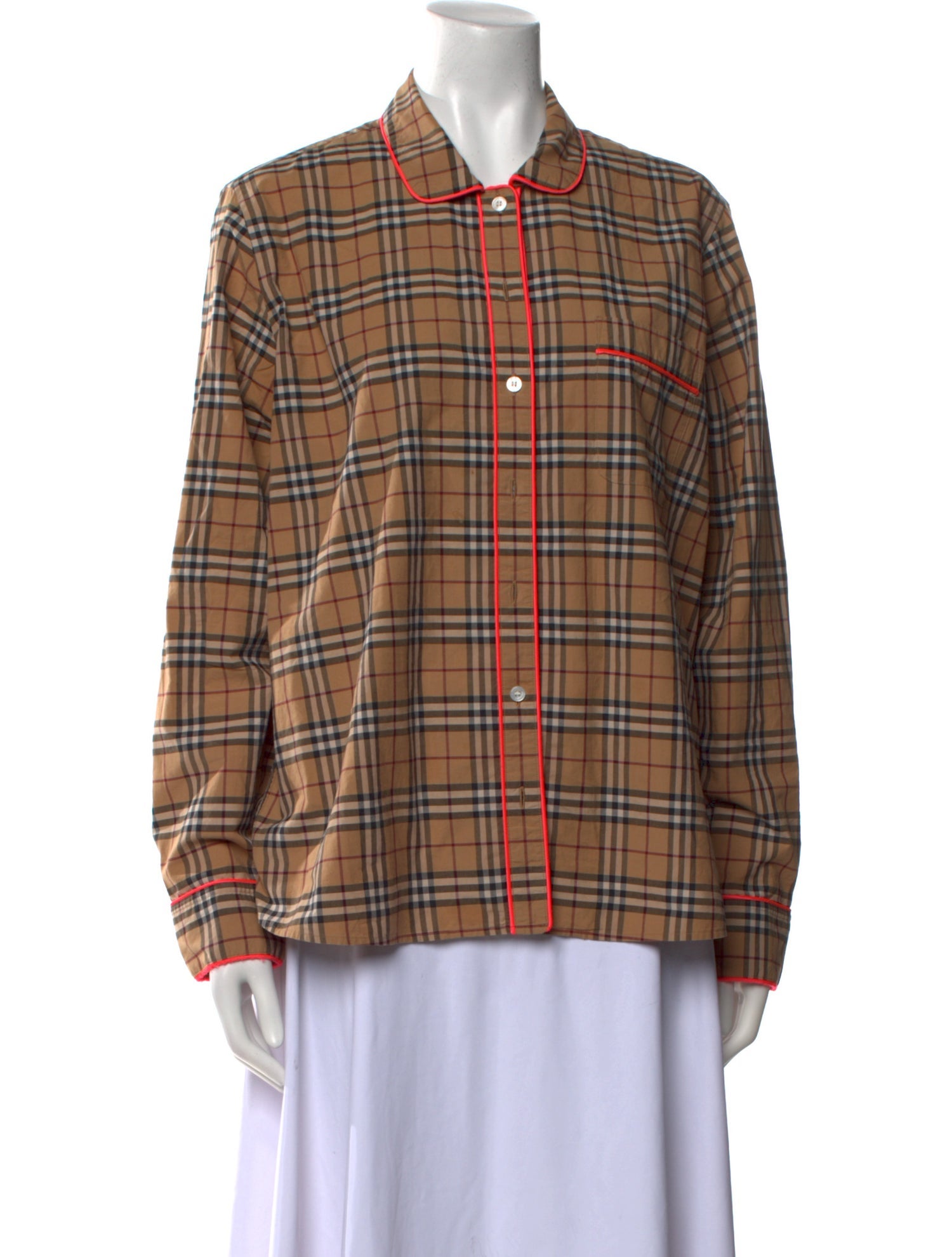 Burberry Plaid Print Long Sleeve Button-Up Top