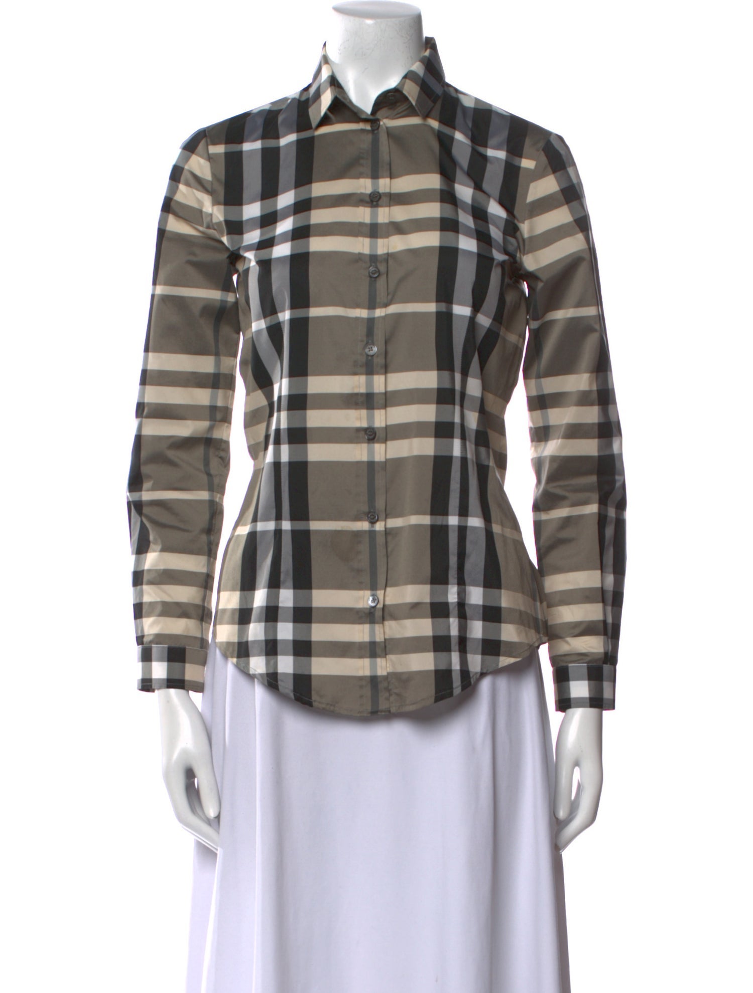 Burberry London Plaid Print Long Sleeve Button-Up Top