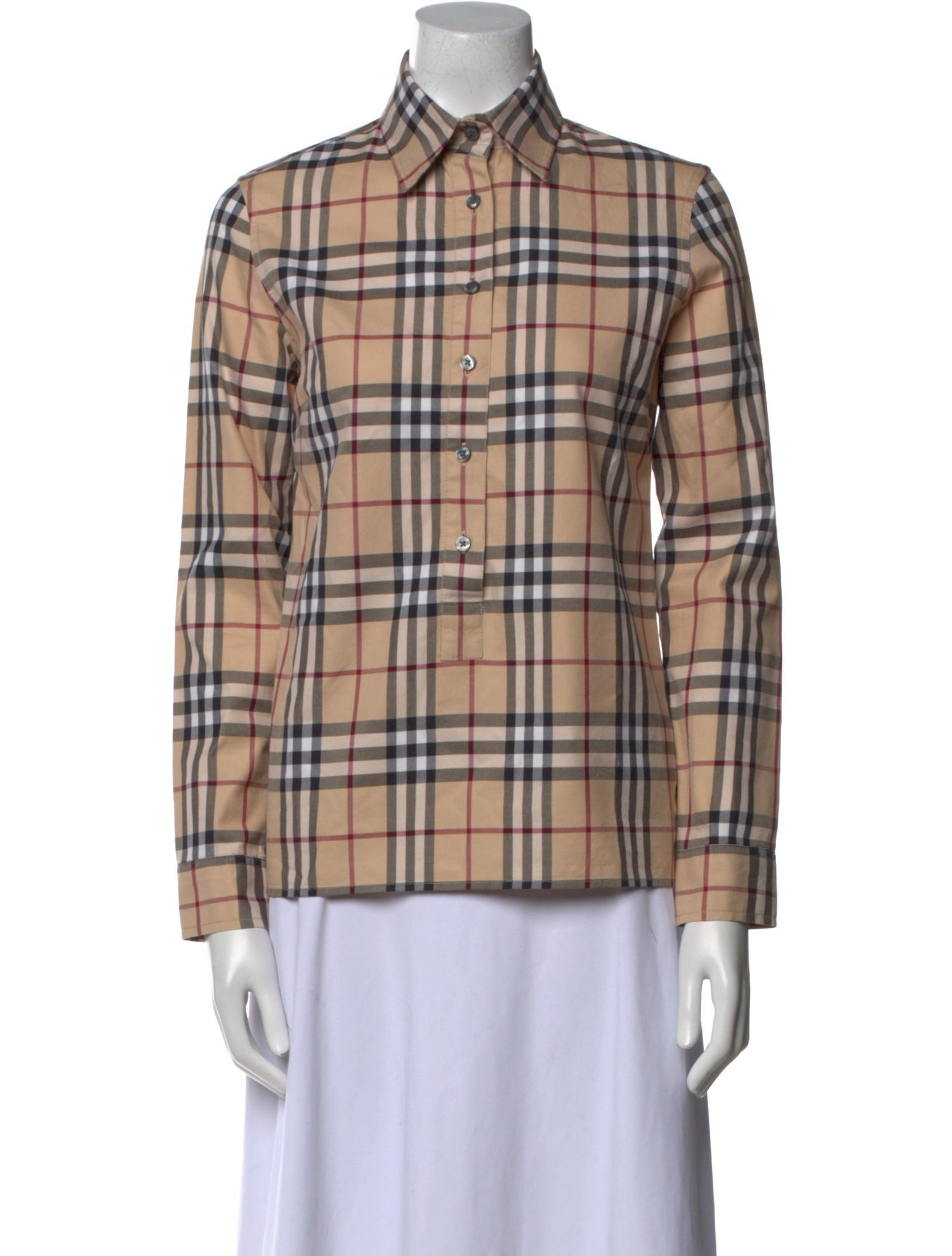 Burberry London Plaid Print Long Sleeve Button-Up Top