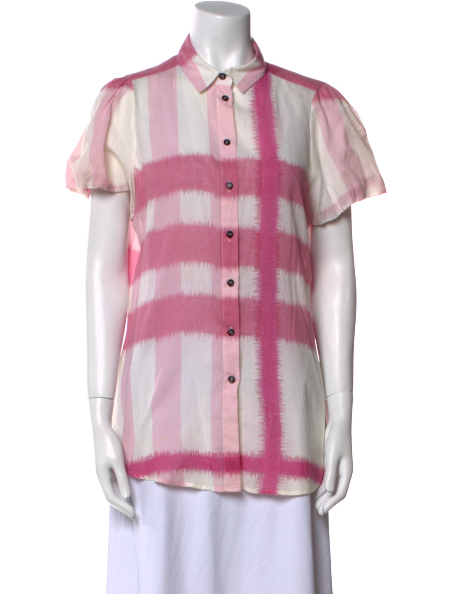 Burberry London Plaid Print Short Sleeve Button-Up Top