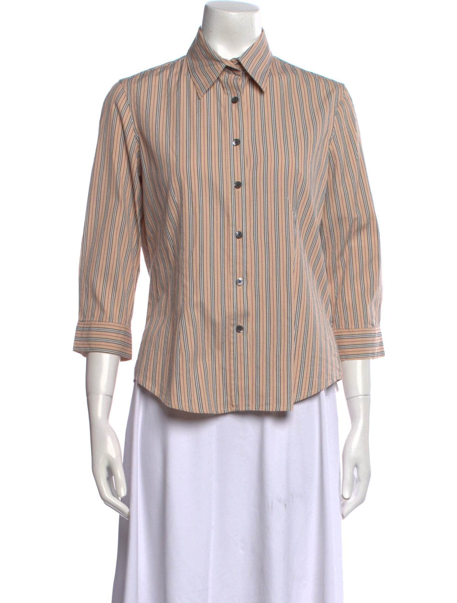 Burberry London Striped Three-Quarter Sleeve Button-Up Top