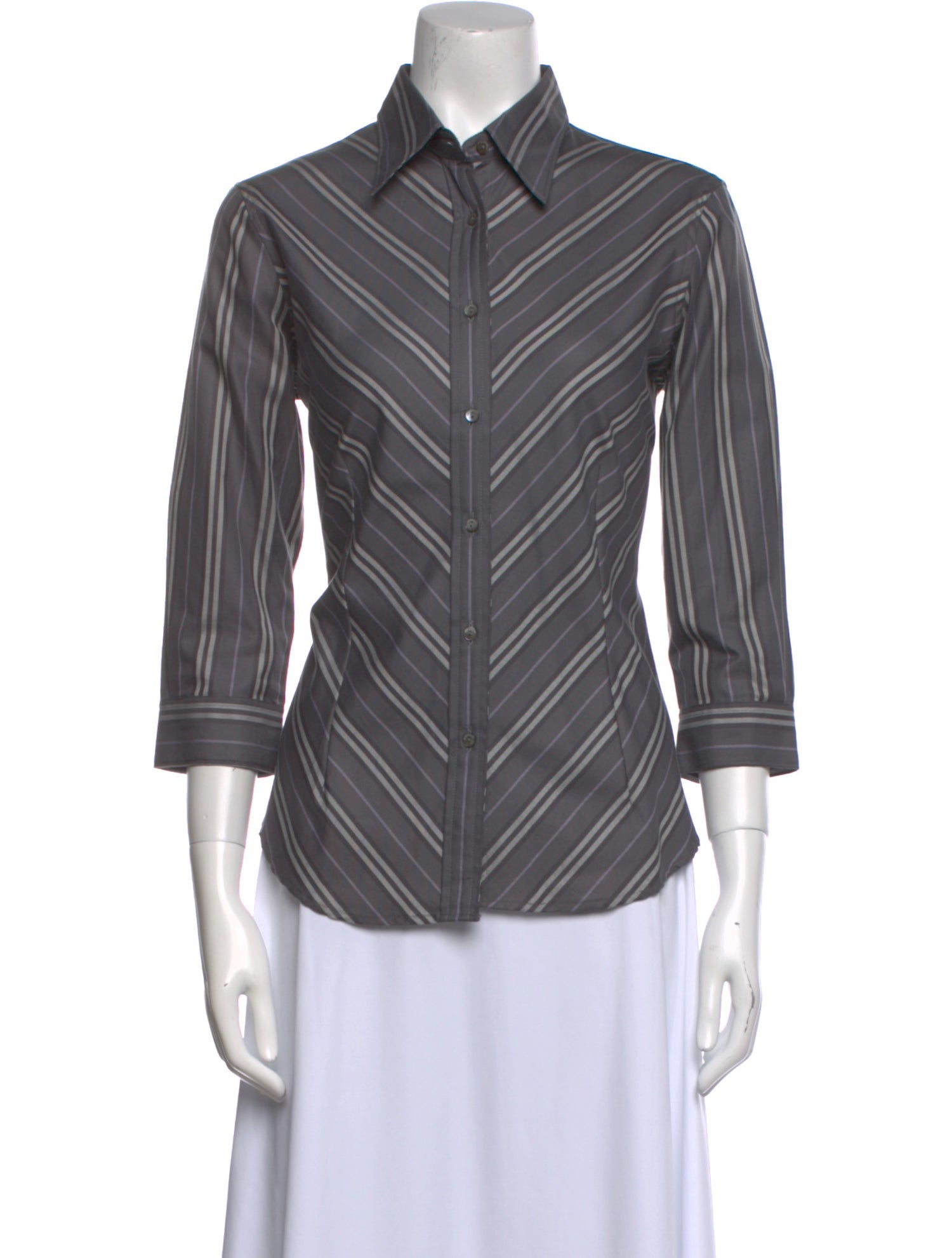 Burberry London Striped Three-Quarter Sleeve Button-Up Top