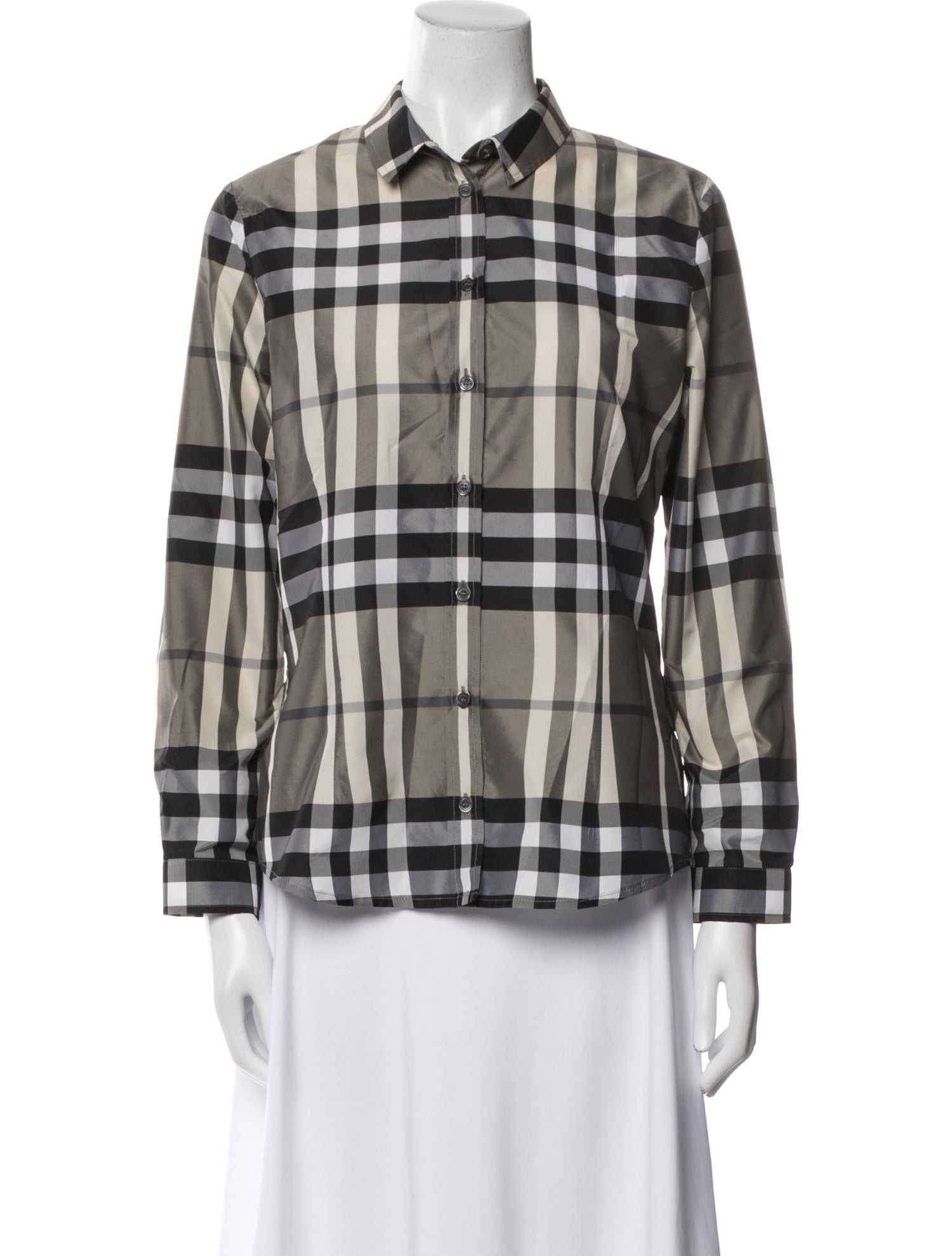 Burberry London Plaid Print Long Sleeve Button-Up Top