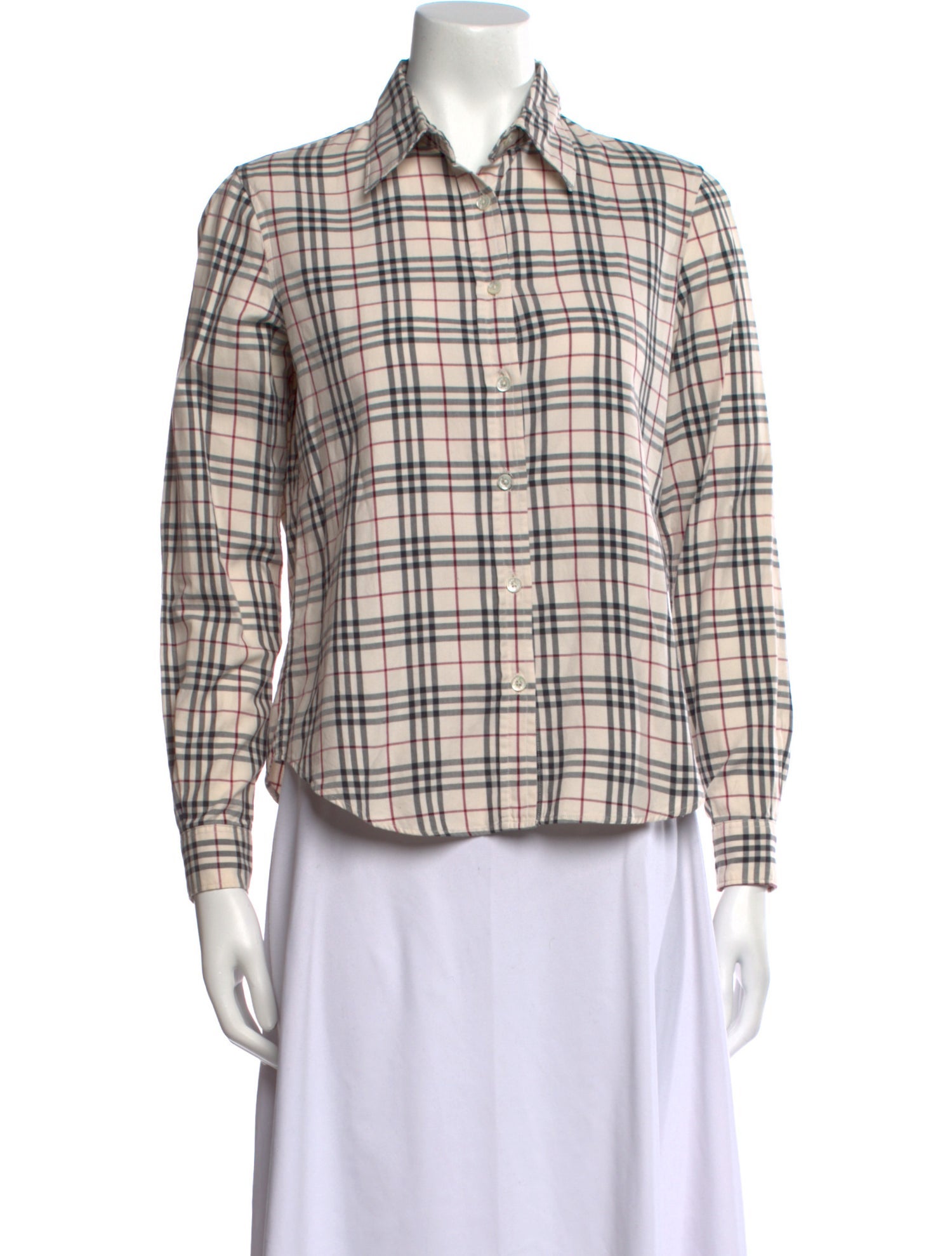 Burberry London Plaid Print Long Sleeve Button-Up Top