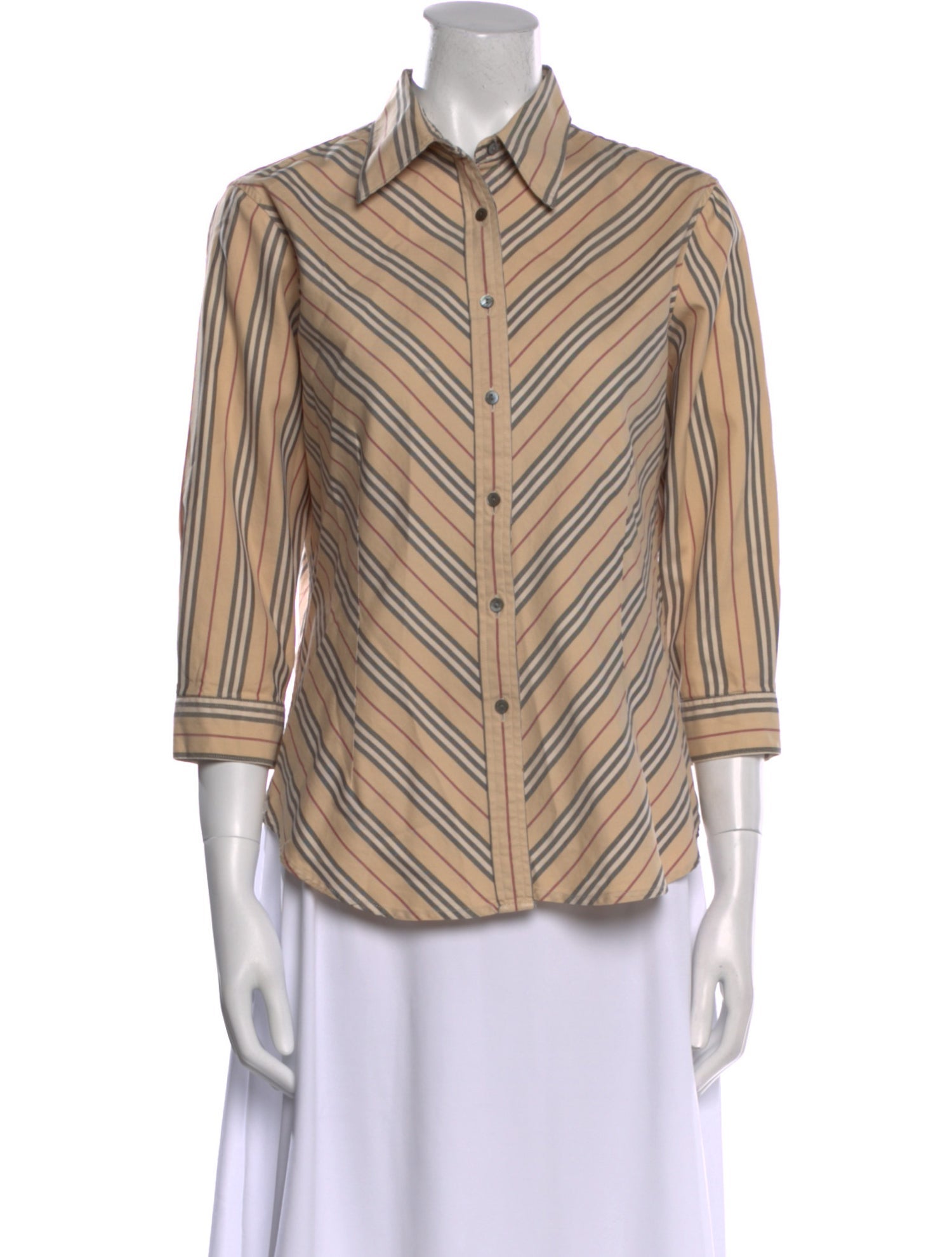 Burberry London Striped Three-Quarter Sleeve Button-Up Top