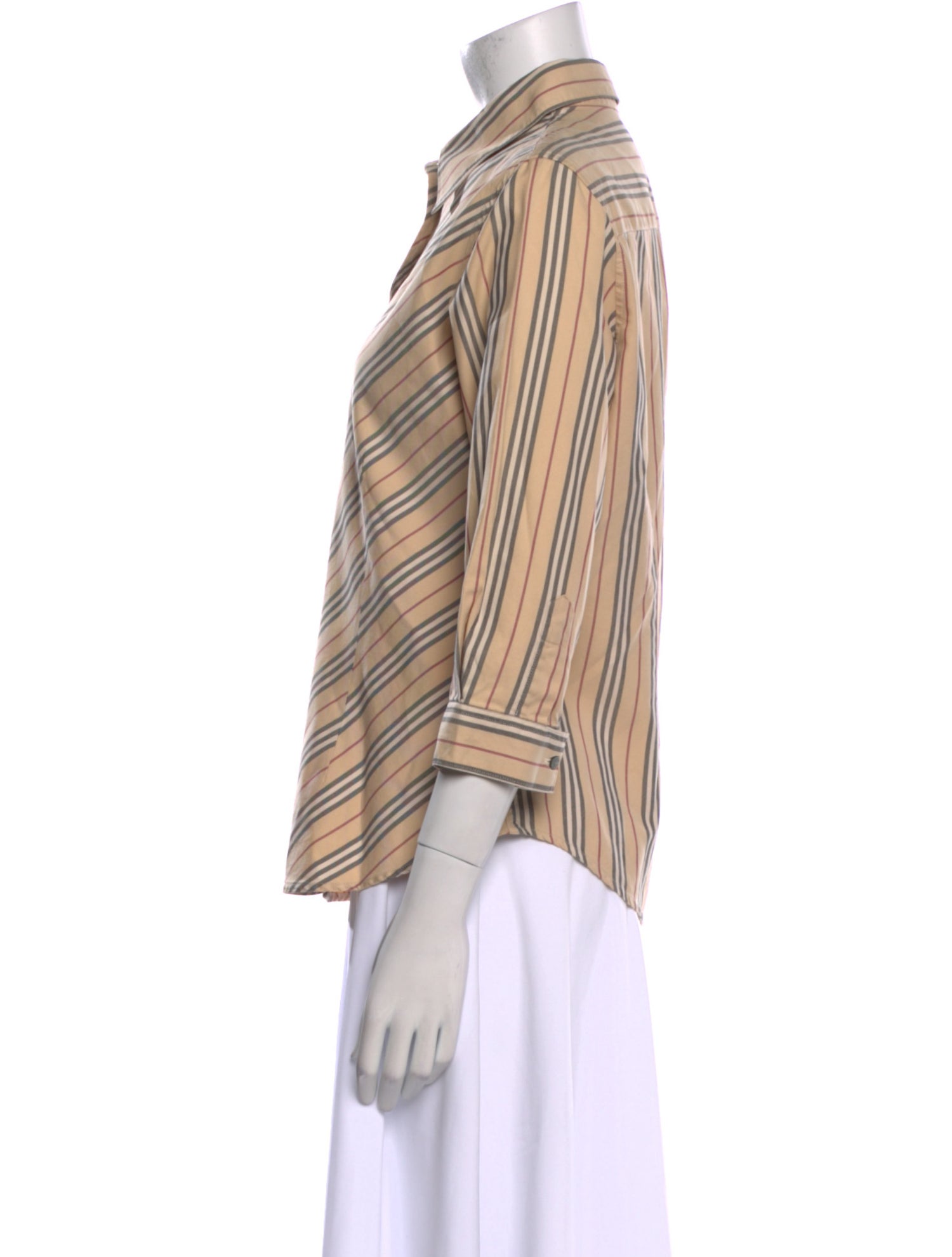 Burberry London Striped Three-Quarter Sleeve Button-Up Top