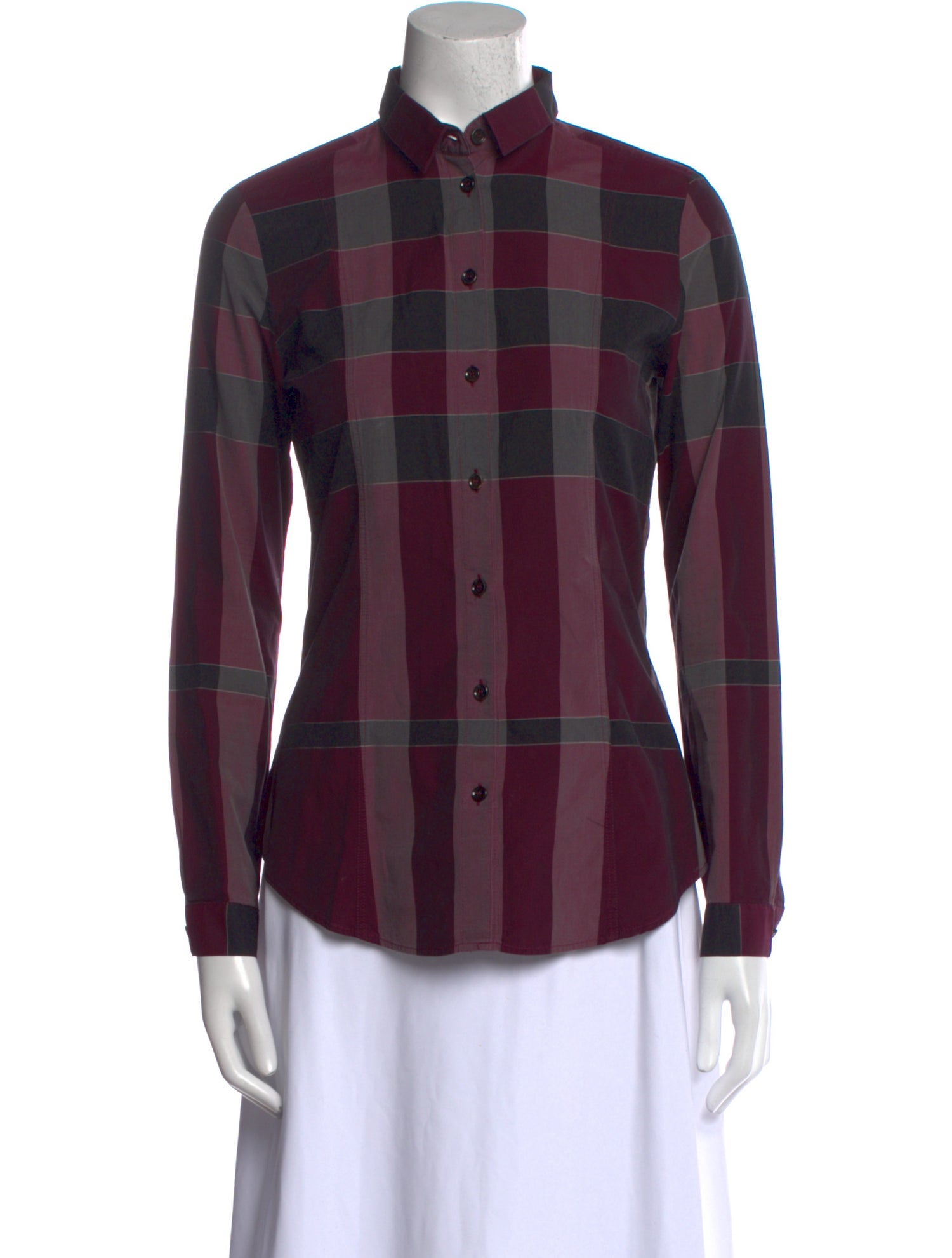 Burberry London Plaid Print Mock Neck Button-Up Top