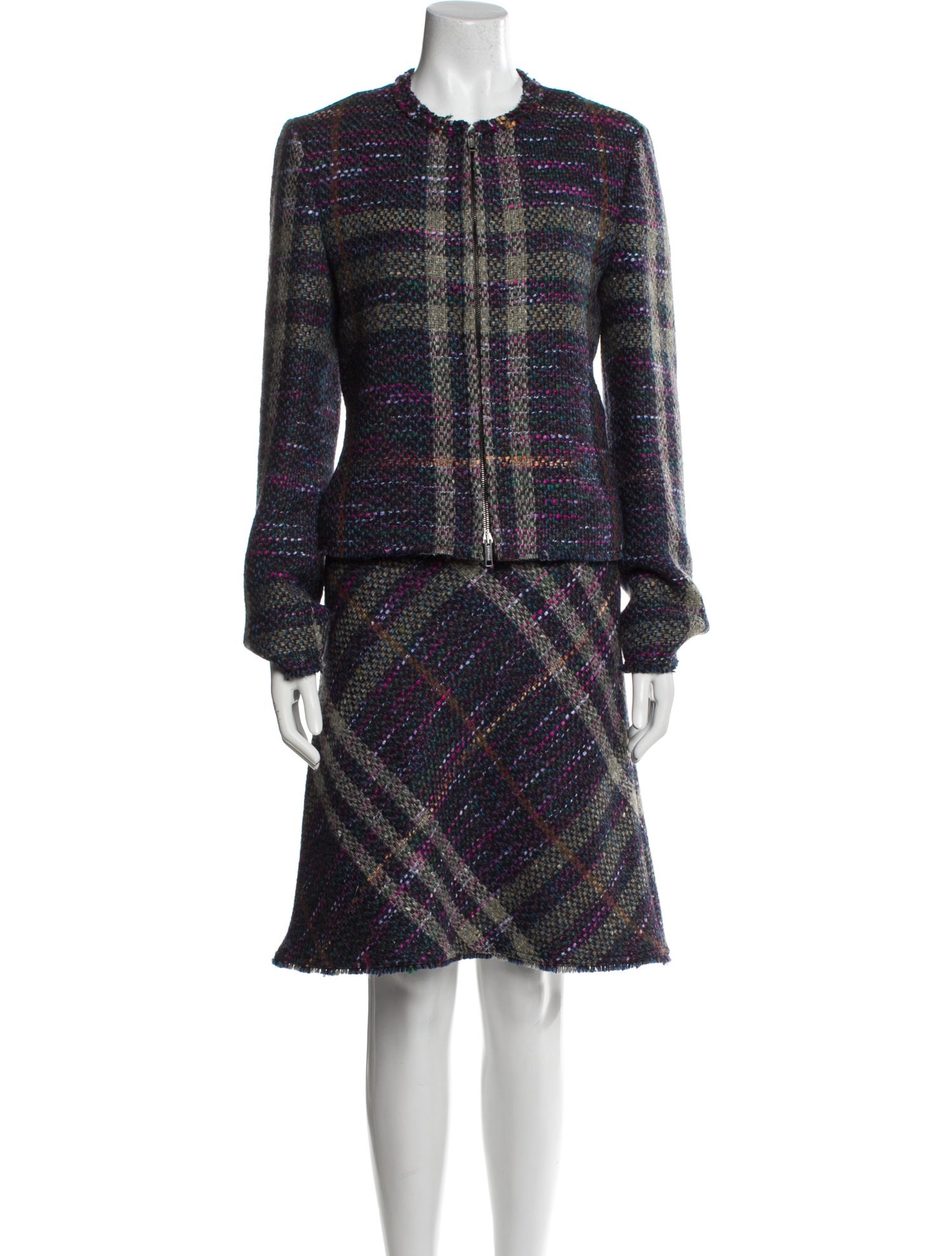 Burberry London Tweed Pattern Raw-Edge Trim Skirt Suit