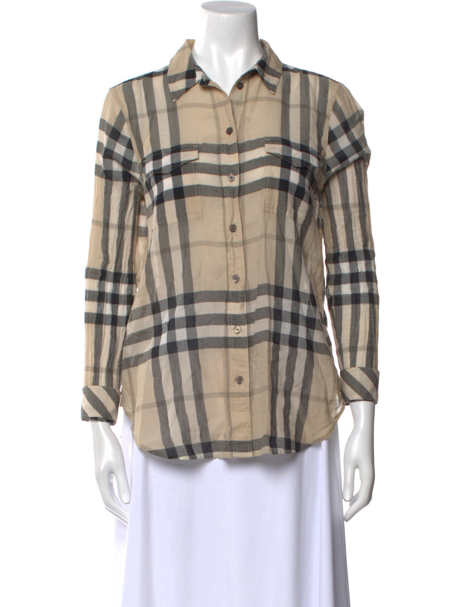 Burberry London Plaid Print Long Sleeve Button-Up Top
