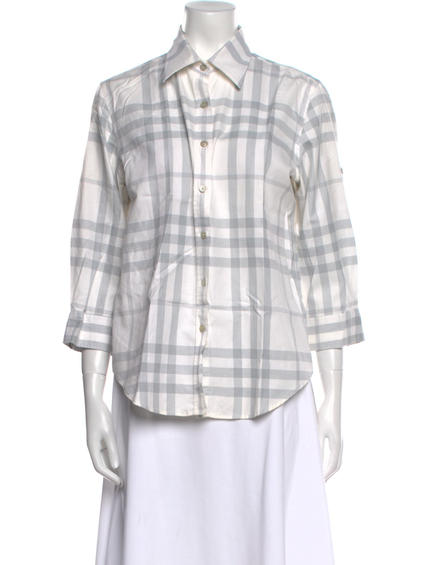 Burberry London Plaid Print Three-Quarter Sleeve Button-Up Top