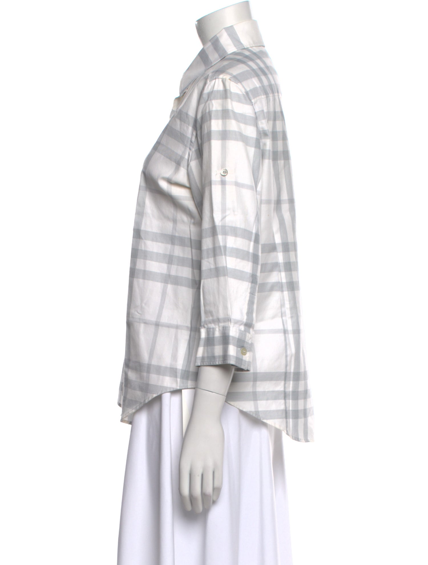 Burberry London Plaid Print Three-Quarter Sleeve Button-Up Top
