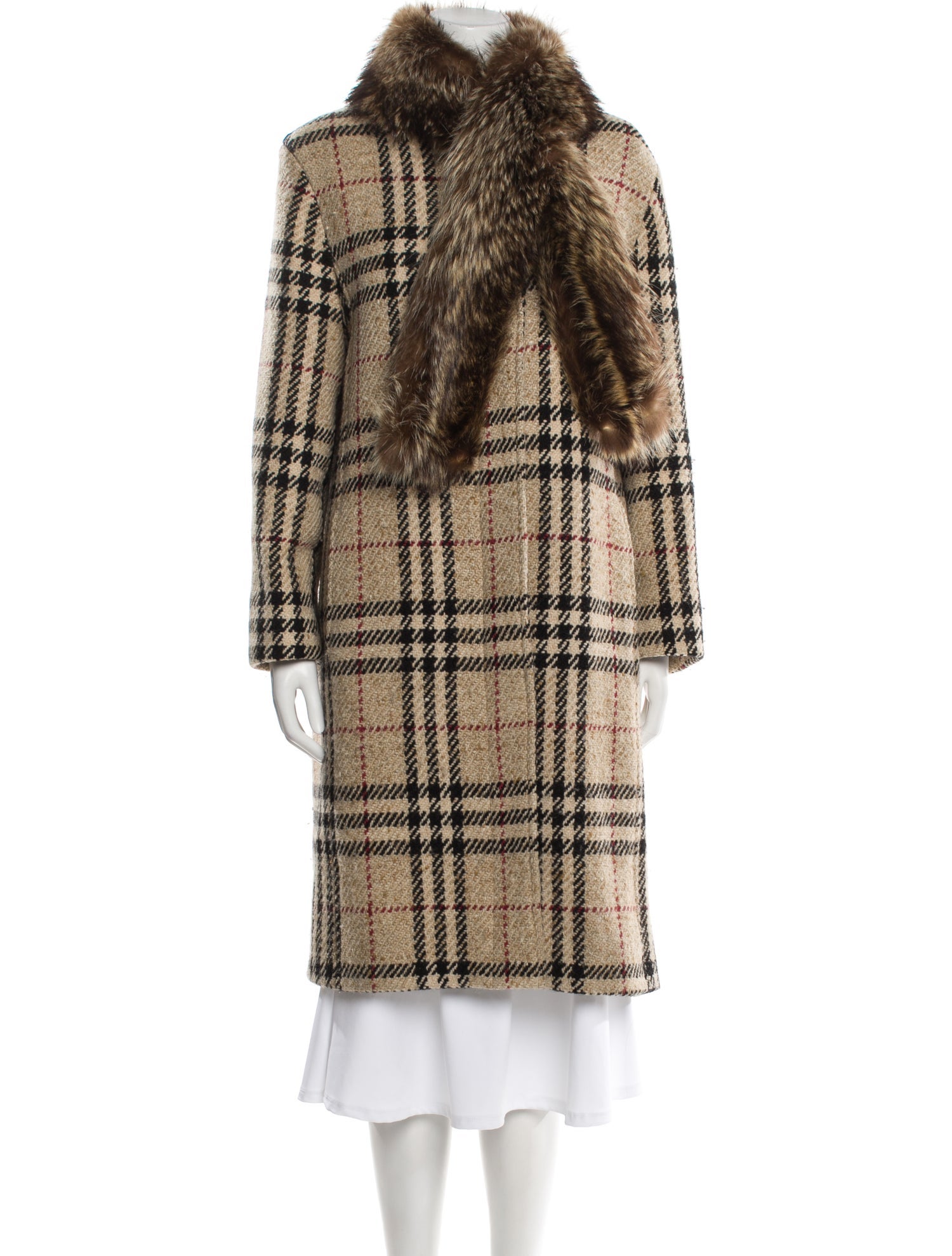 Burberry London Wool Plaid Print Faux Fur Coat