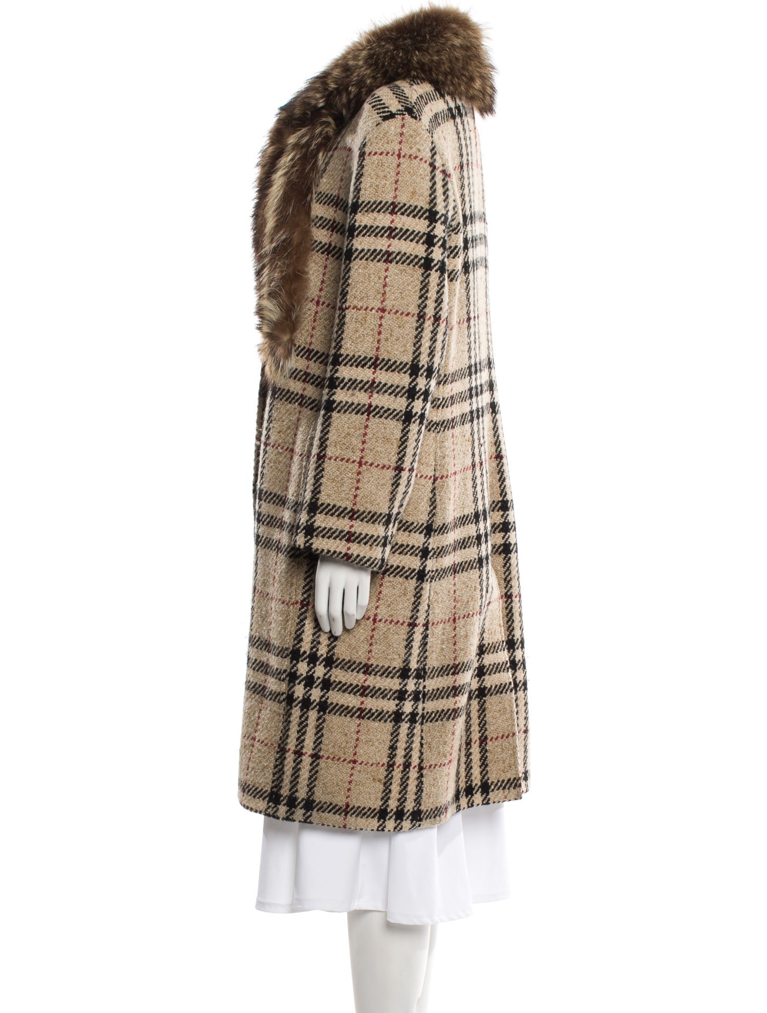 Burberry London Wool Plaid Print Faux Fur Coat