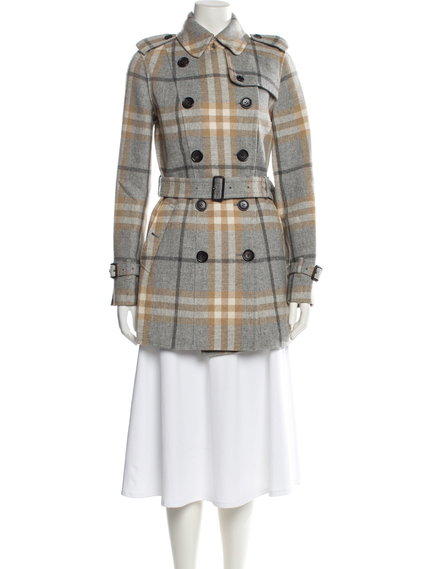 Burberry London Wool Plaid Print Trench Coat