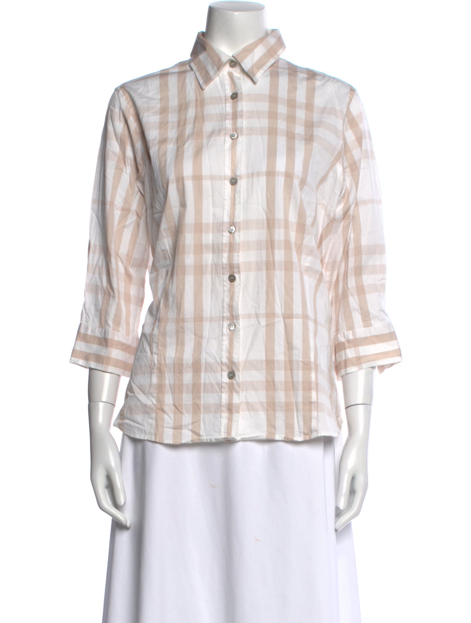 Burberry London Plaid Print Three-Quarter Sleeve Button-Up Top