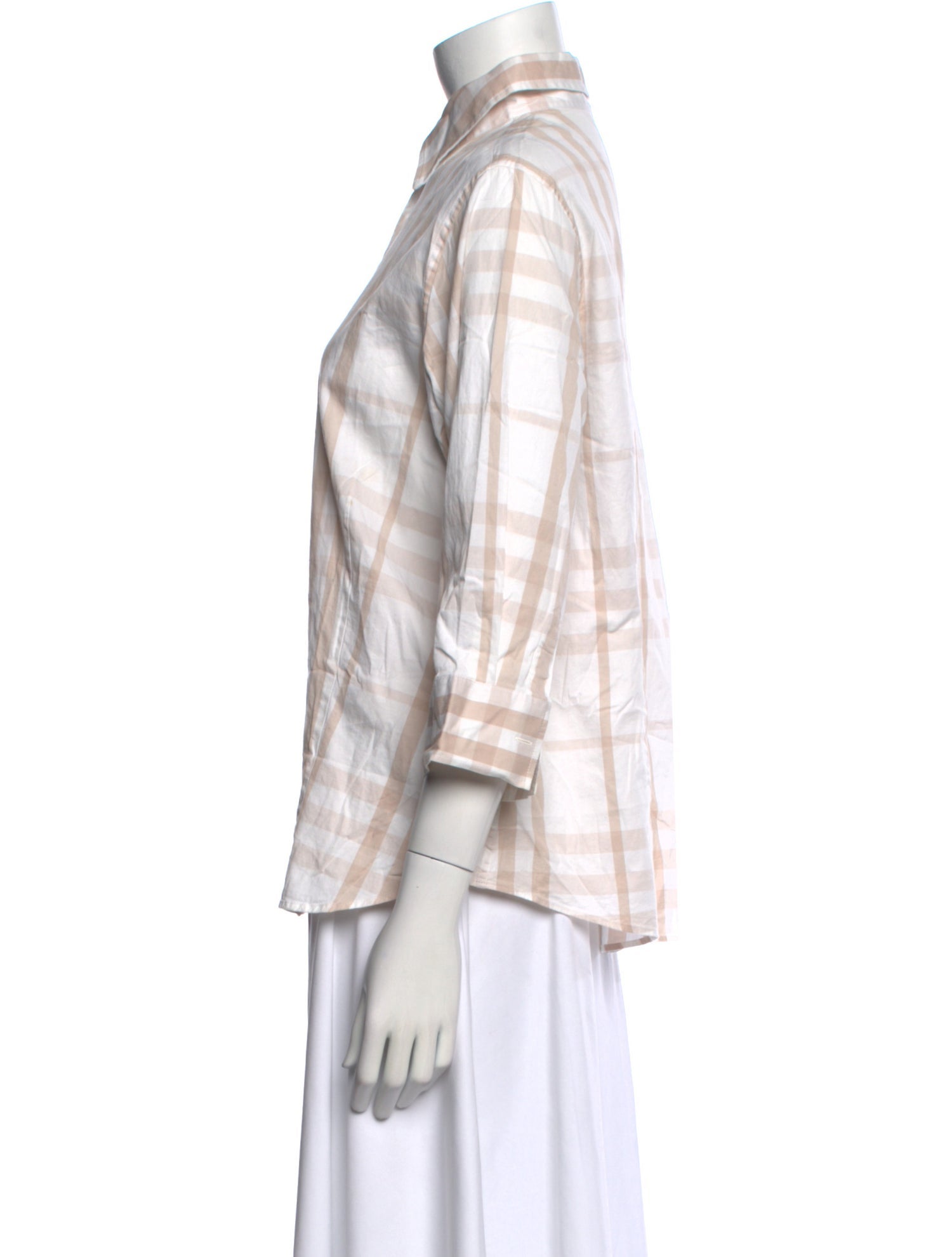 Burberry London Plaid Print Three-Quarter Sleeve Button-Up Top