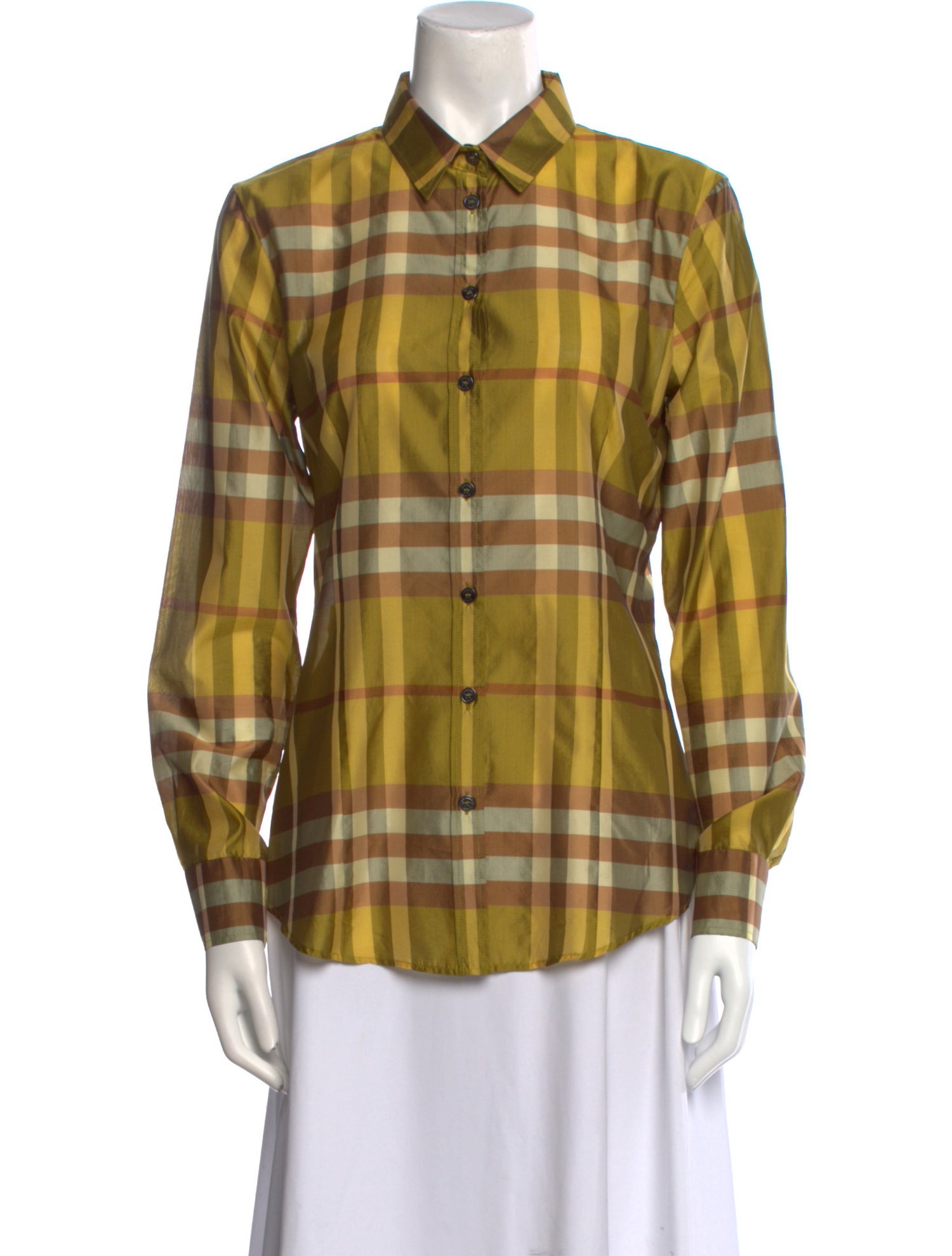 Burberry London Plaid Print Long Sleeve Button-Up Top