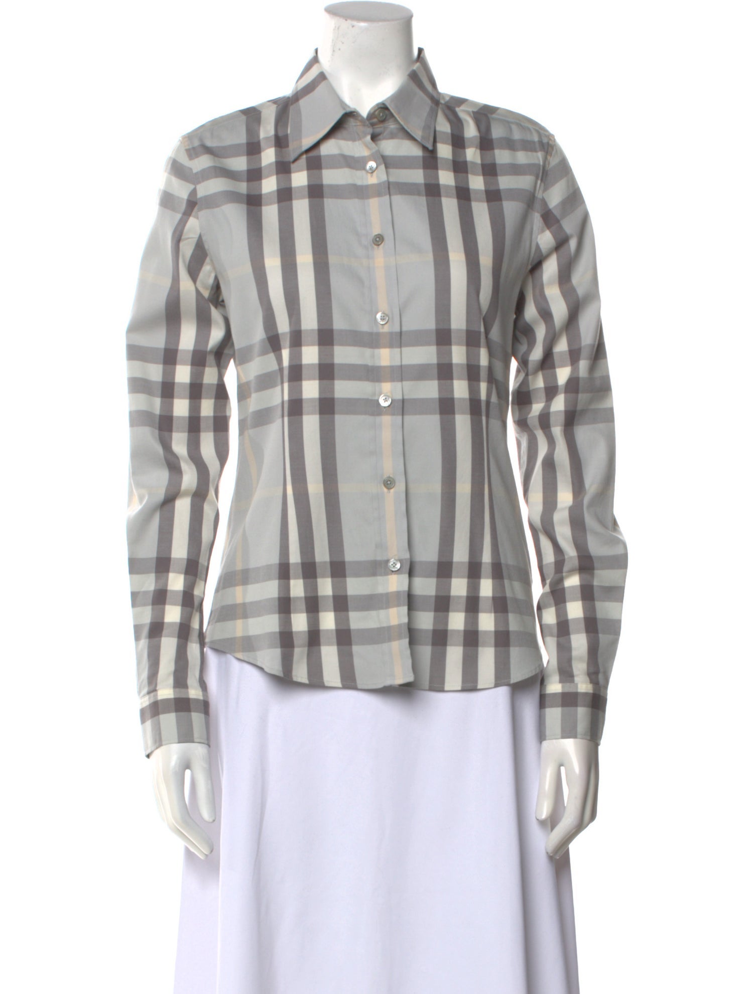 Burberry London Plaid Print Long Sleeve Button-Up Top