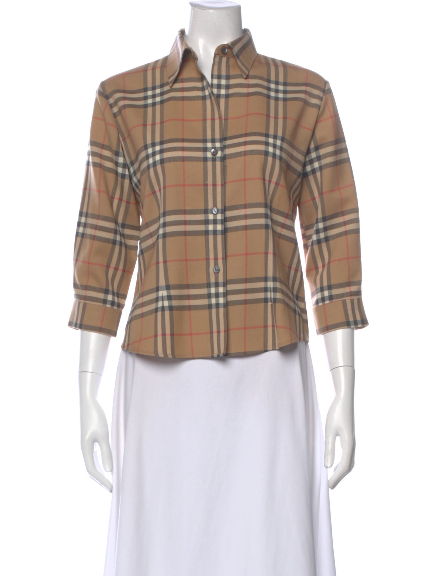 Burberry London Wool Plaid Print Button-Up Top