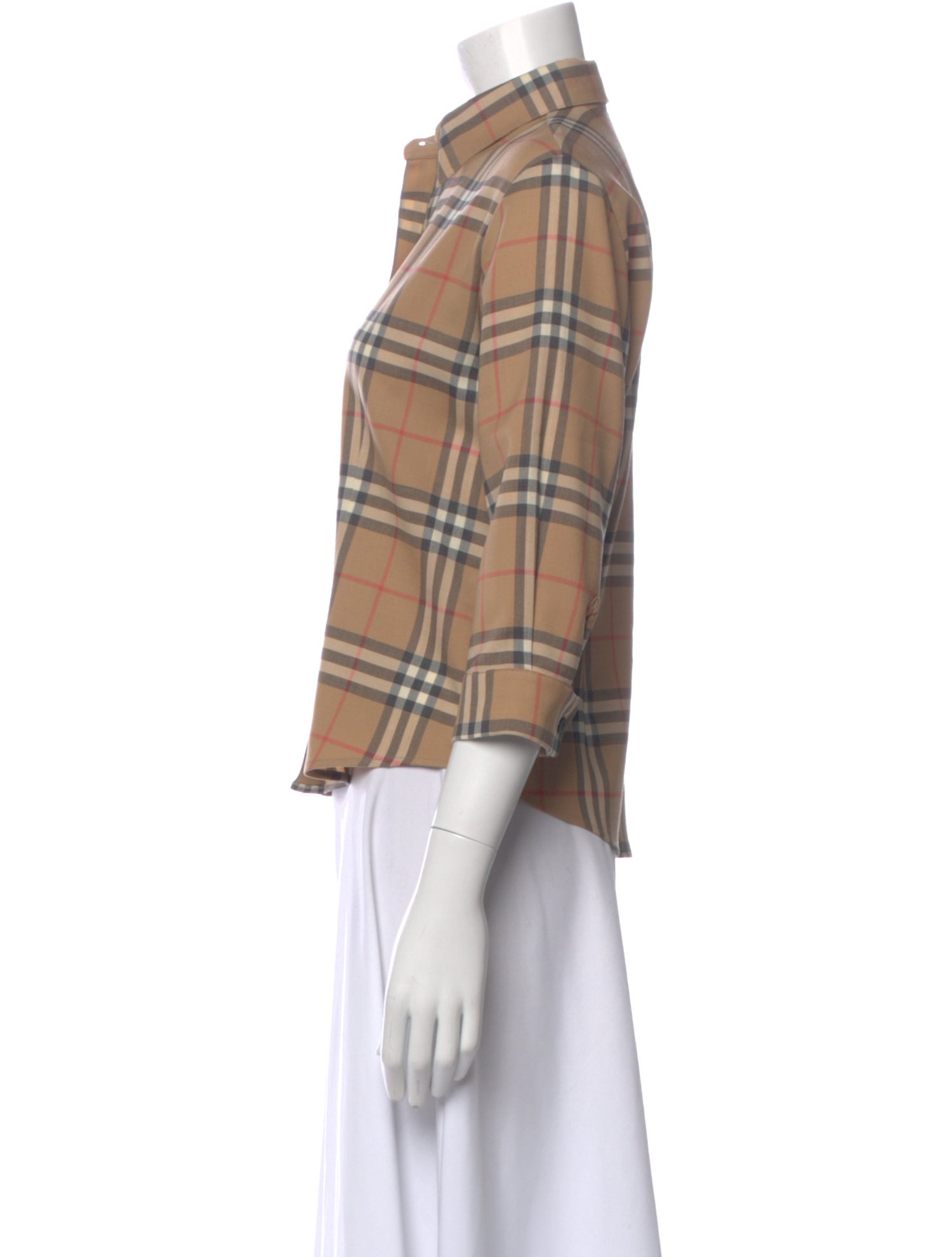 Burberry London Wool Plaid Print Button-Up Top